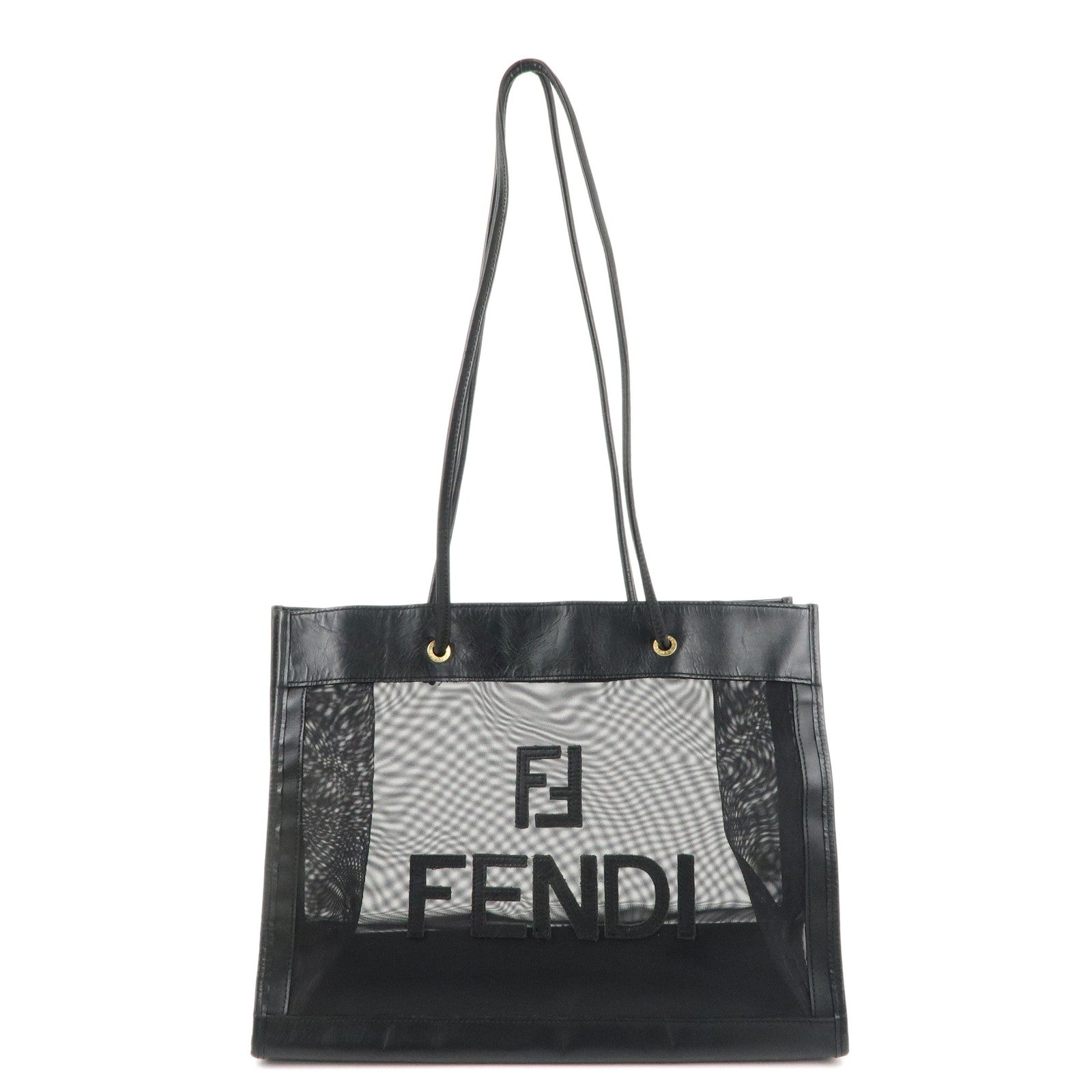 FENDI-Mesh-Leather-Tote-Bag-Hand-Bag-Black-259646