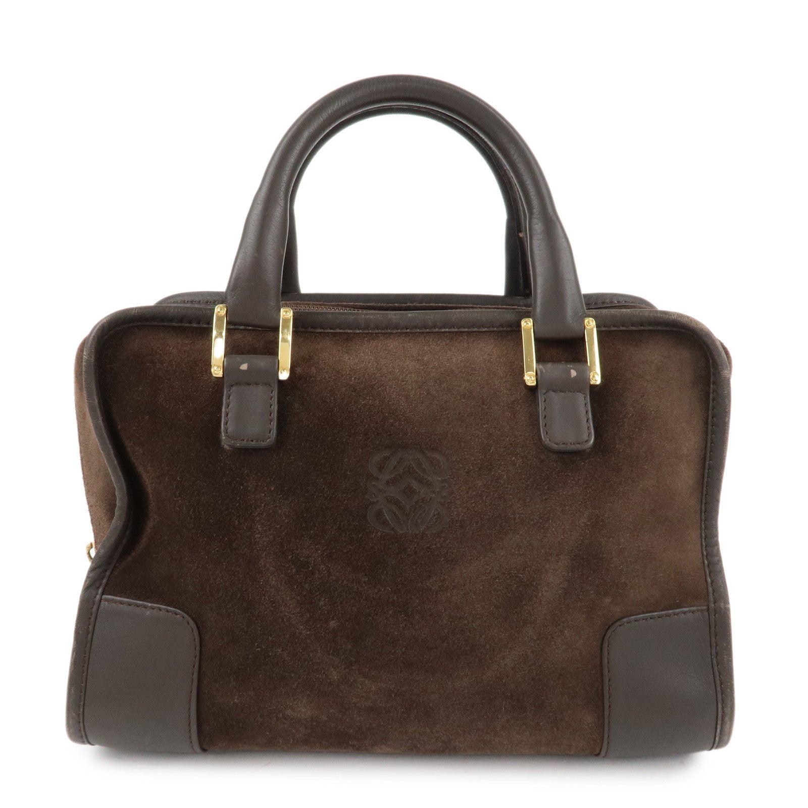 LOEWE-Anagram-Suede-Leather-Amazona-28-Hand-Bag-Dark-Brown