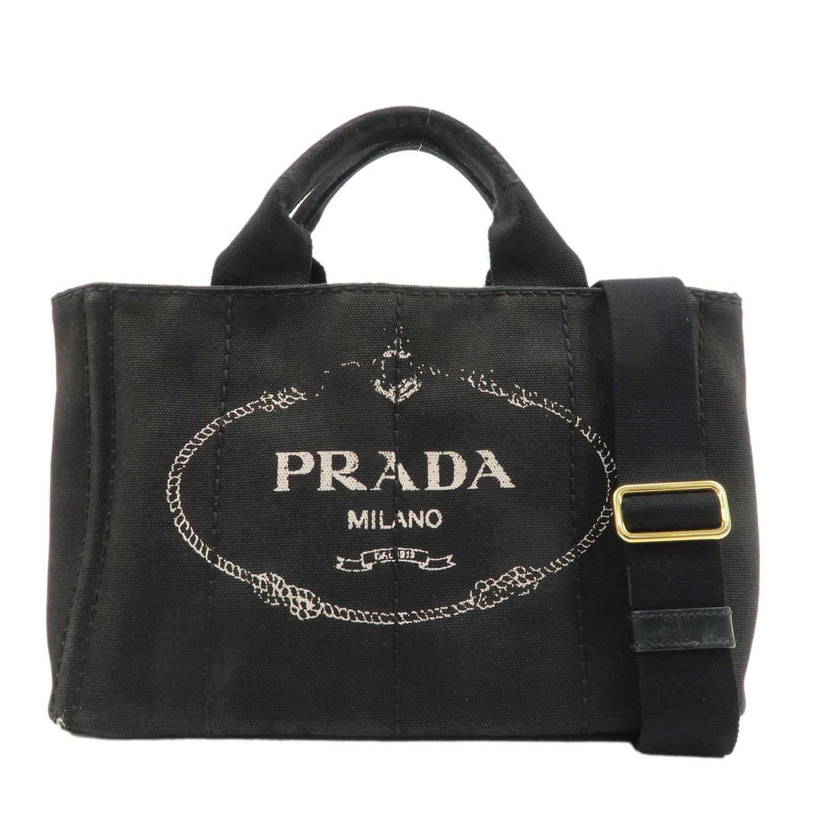 PRADA-Logo-Canapa-Canvas-2way-Tote-Bag-Hand-Bag-Black-BN2642