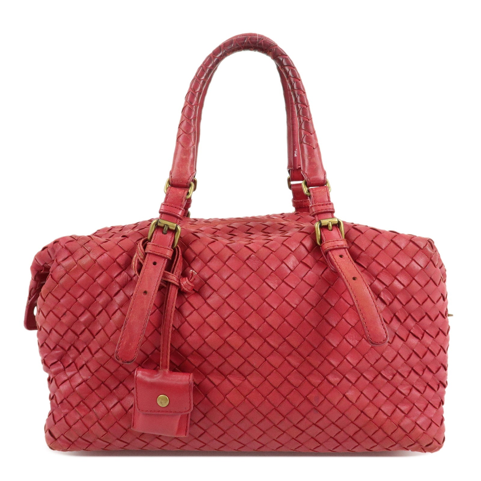 BOTTEGA-VENETA-Intrecciato-Leather-Montaigne-Boston-Bag-Red