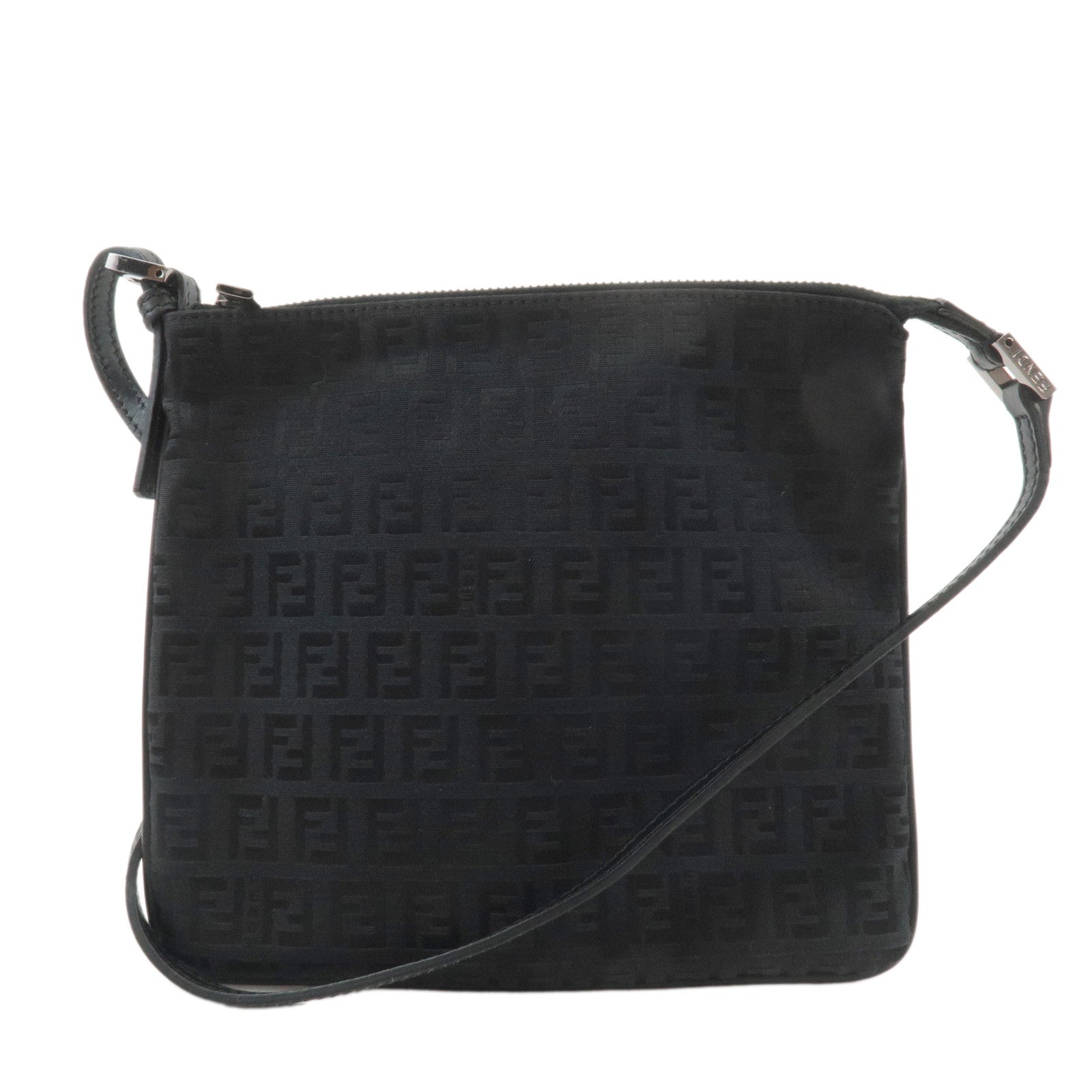 FENDI Zucchino Canvas Leather Shoulder Bag Black 8BT047