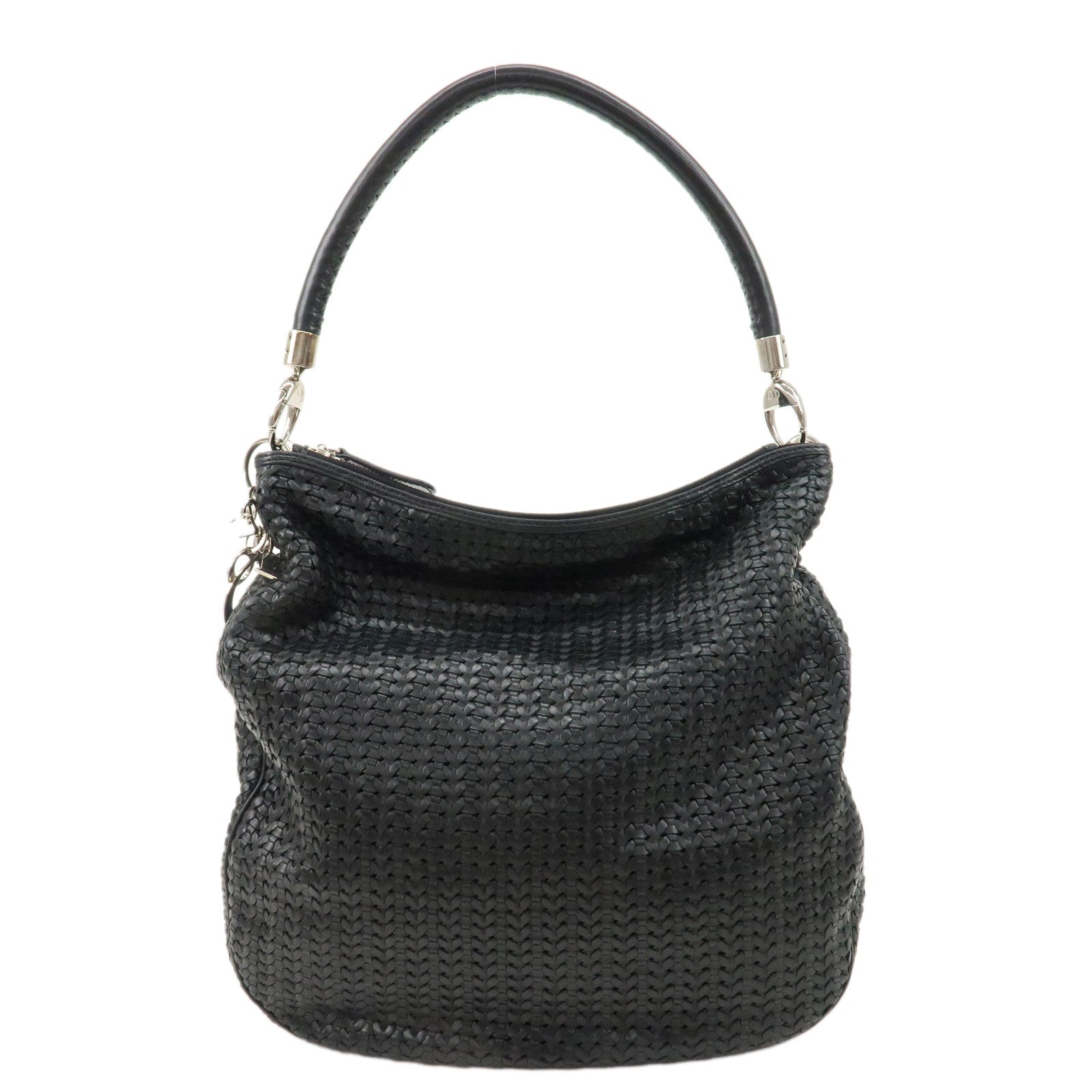 Christian-Dior-Woven-Leather-One-Shoulder-Bag-Black-Silver-HDW