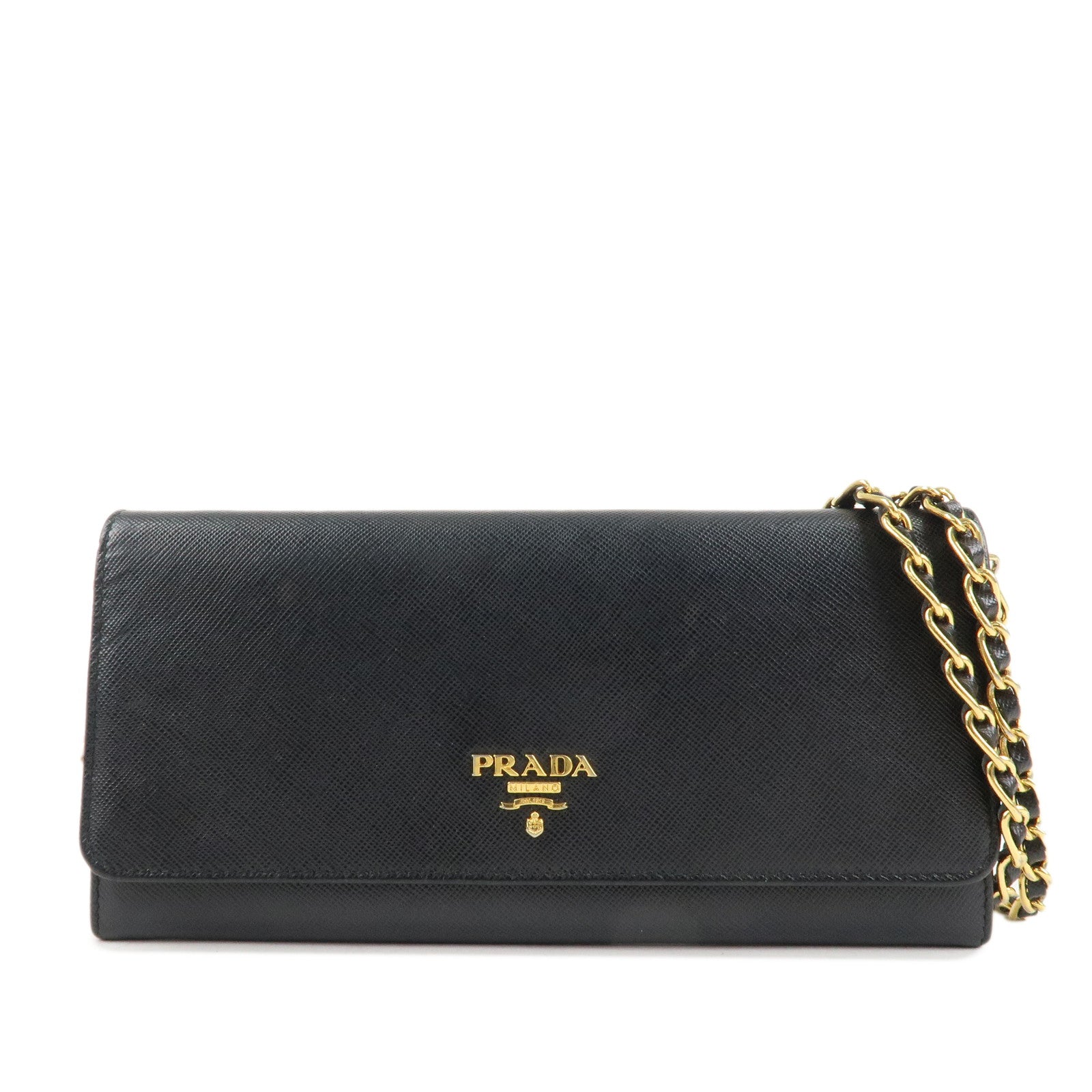 PRADA-Saffiano-Leather-Chain-Wallet-Purse-Black-1MT290