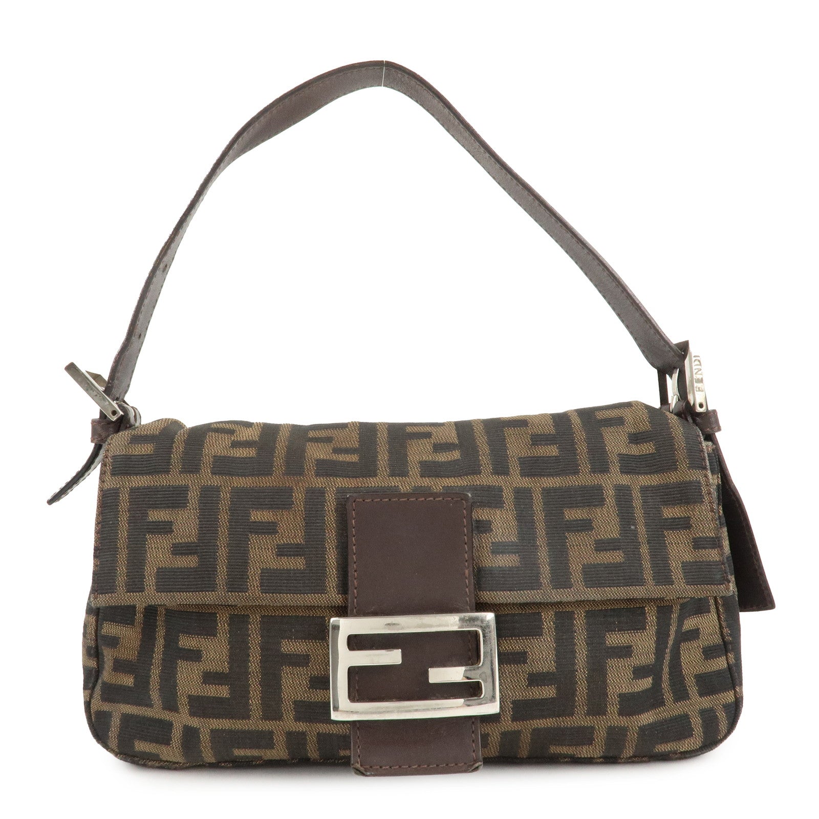 FENDI-Mamma-Baguette-Zucca-Canvas-Leather-Shoulder-Bag-Brown