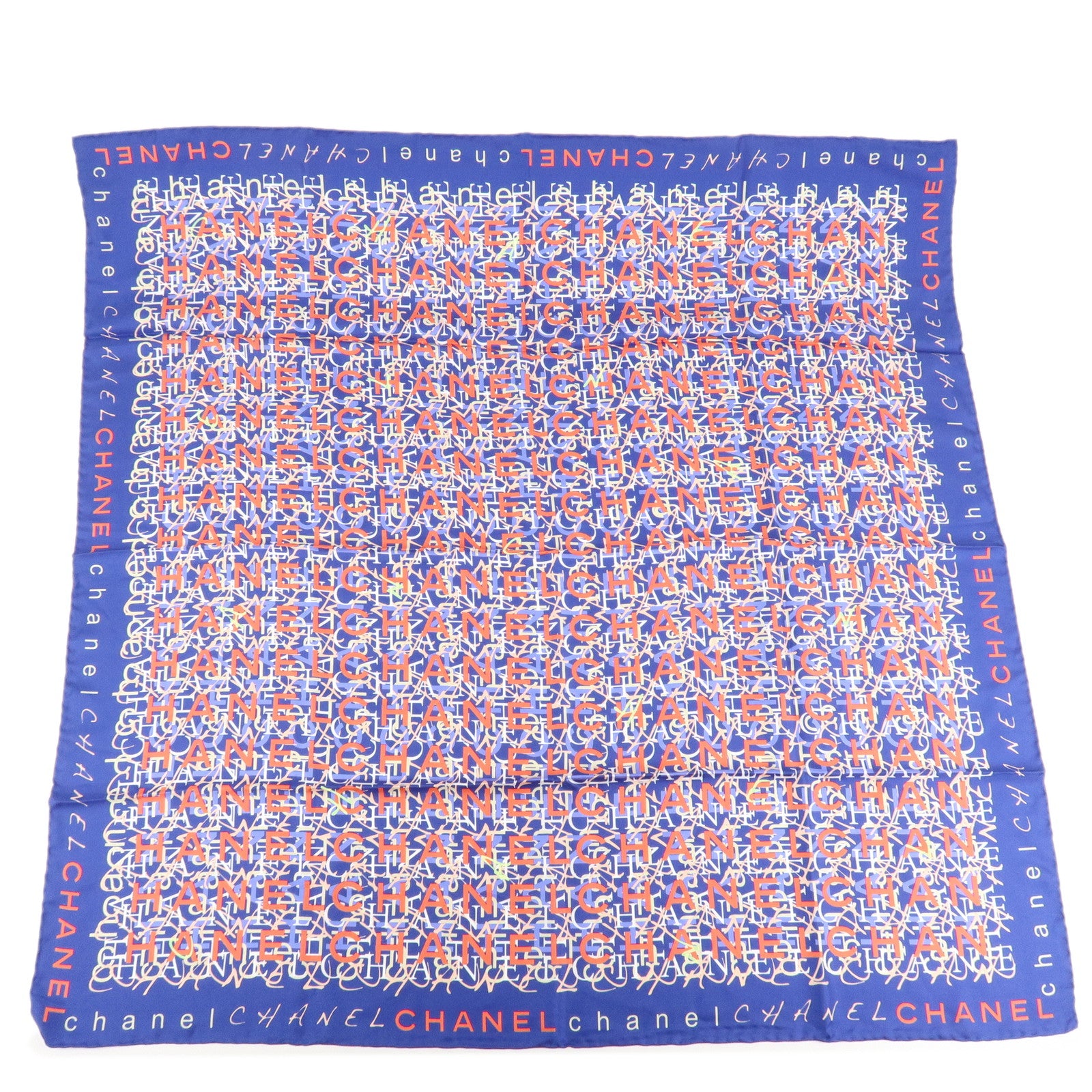 CHANEL-Silk-100%-Scarf-CHANLE-Logo-Print-Blue