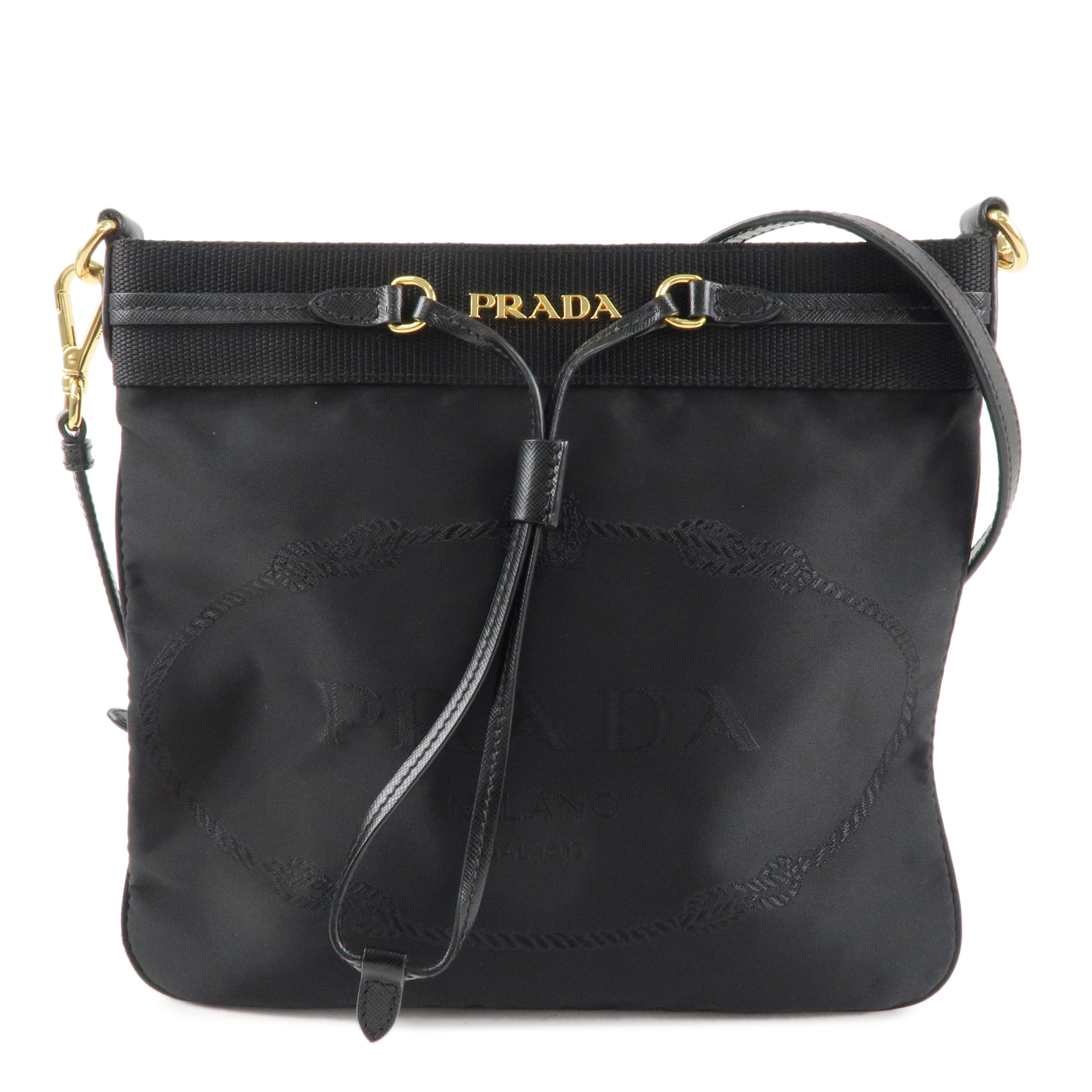 PRADA Logo Nylon Saffiano Leather Shoulder Bag Black