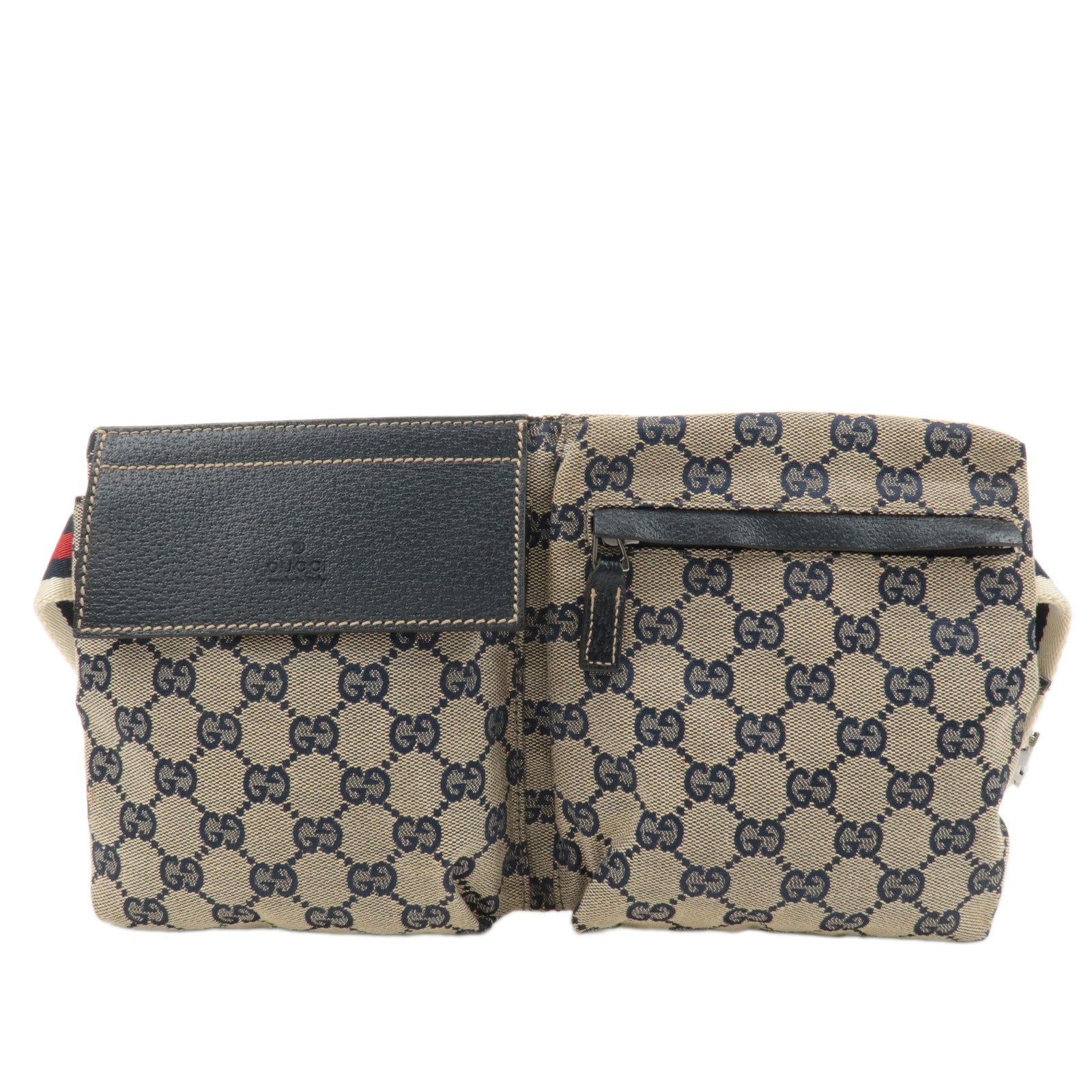 GUCCI Sherry GG Canvas Leather Waist Bag Beige Navy 28566