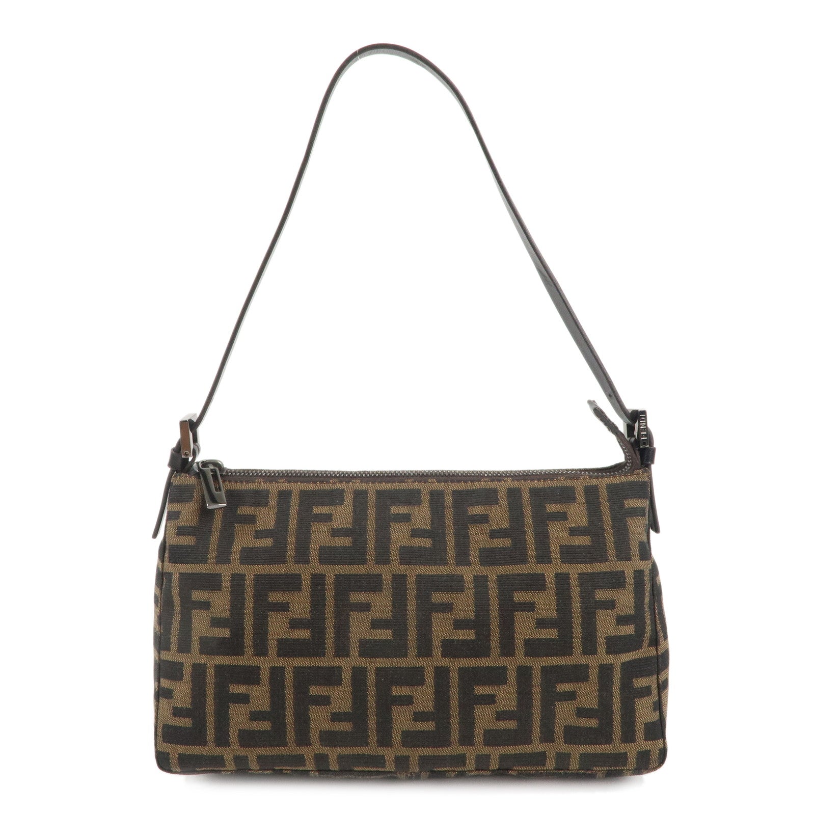 FENDI-Zucchino-Canvas-Leather-Shoulder-Bag-Black-Brown-8BR156