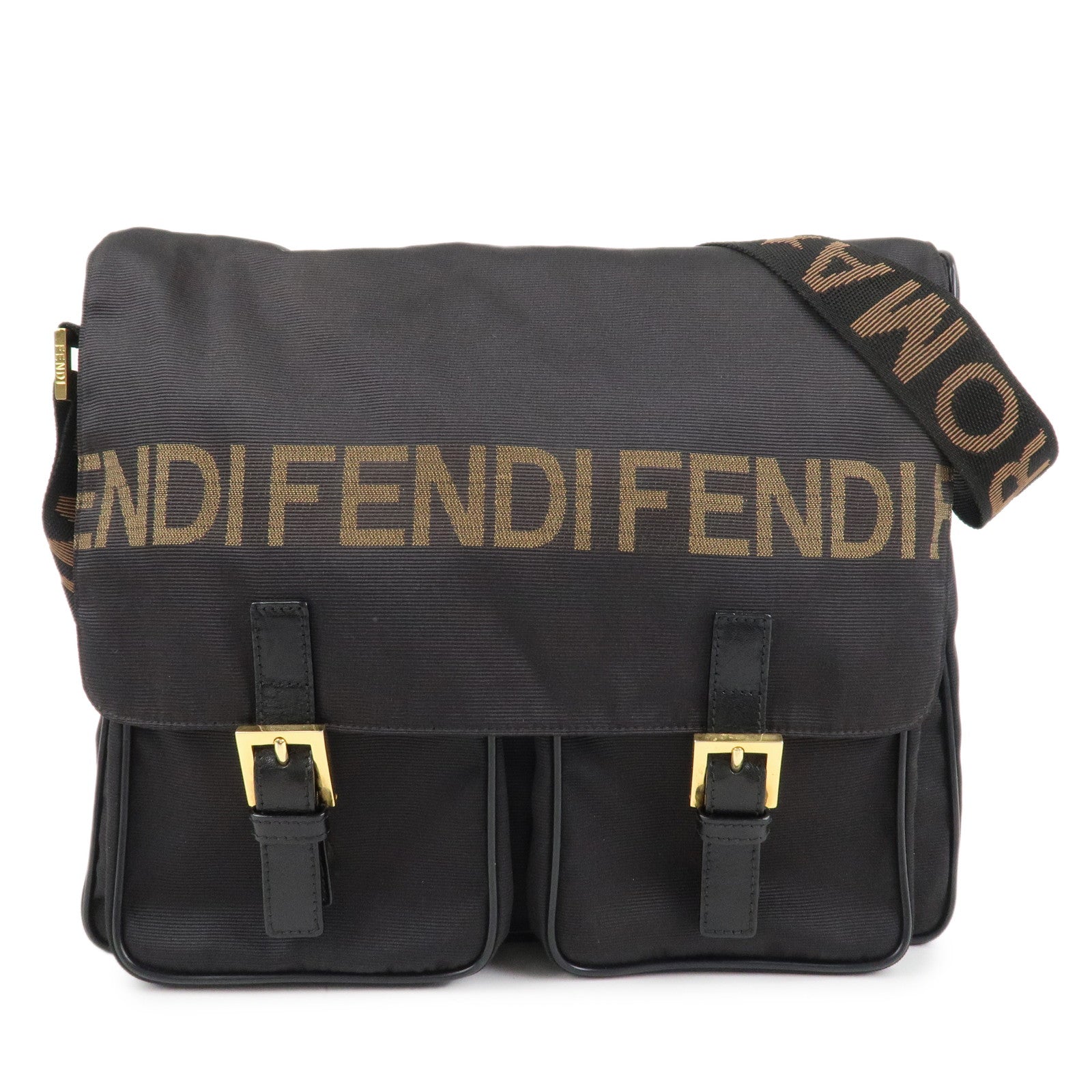 FENDI-Nylon-Canvas-Leather-Shoulder-Bag-Hand-Bag-Black-Brown