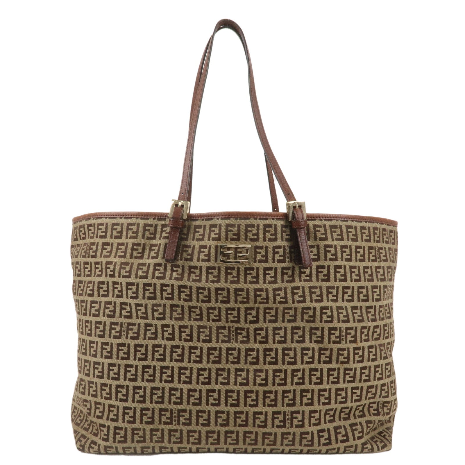 FENDI-Zucchino-Canvas-Leather-Tote-Bag-Beige-Brown-8BH127