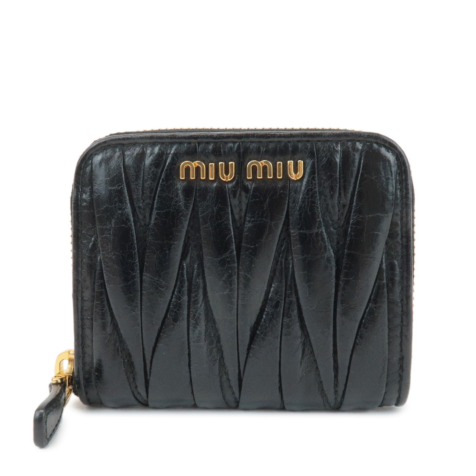 MIU-MIU-Matelasse-Leather-Round-Zipper-Coin-Case-Black-5M0268