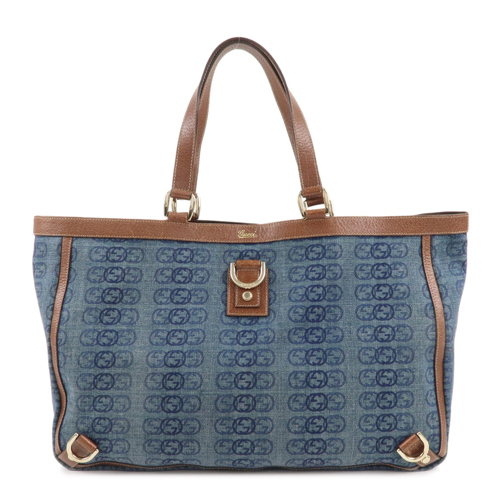 GUCCI-Abbey-GG-Denim-Leather-Tote-Bag-Hand-Bag-Blue-Brown-141472