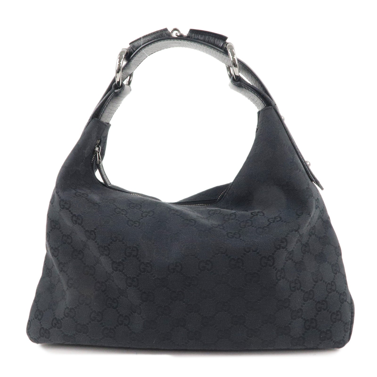 GUCCI-Horsebit-GG-Canvas-Leather-Shoulder-Bag-Black-115867