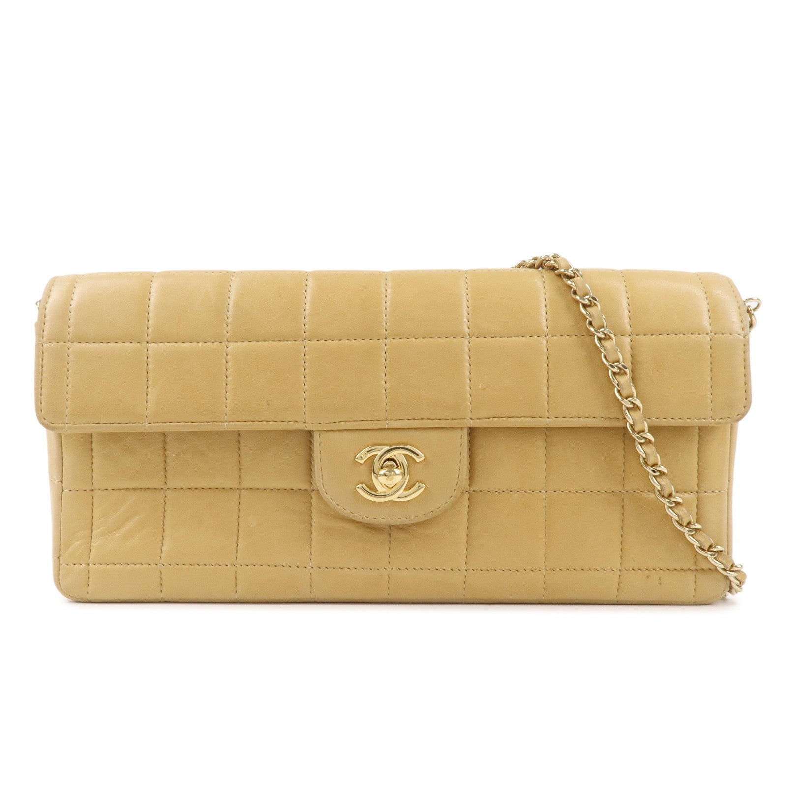 CHANEL-Chocolate-Bar-Lamb-Skin-Chain-Shoulder-Bag-Beige-Gold