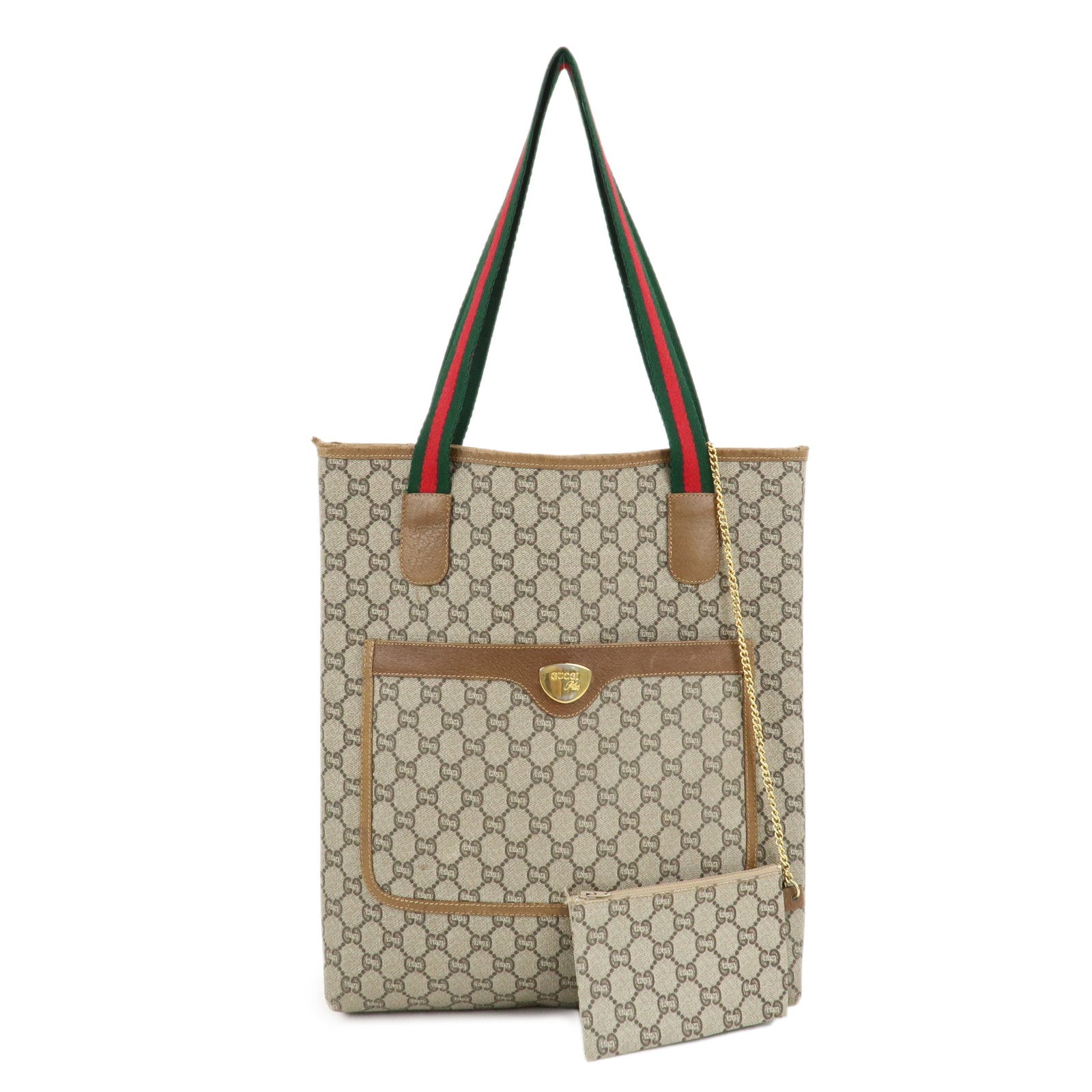 GUCCI-Sherry-GG-Plus-Leather-Old-Gucci-Tote-Bag-Beige-Brown