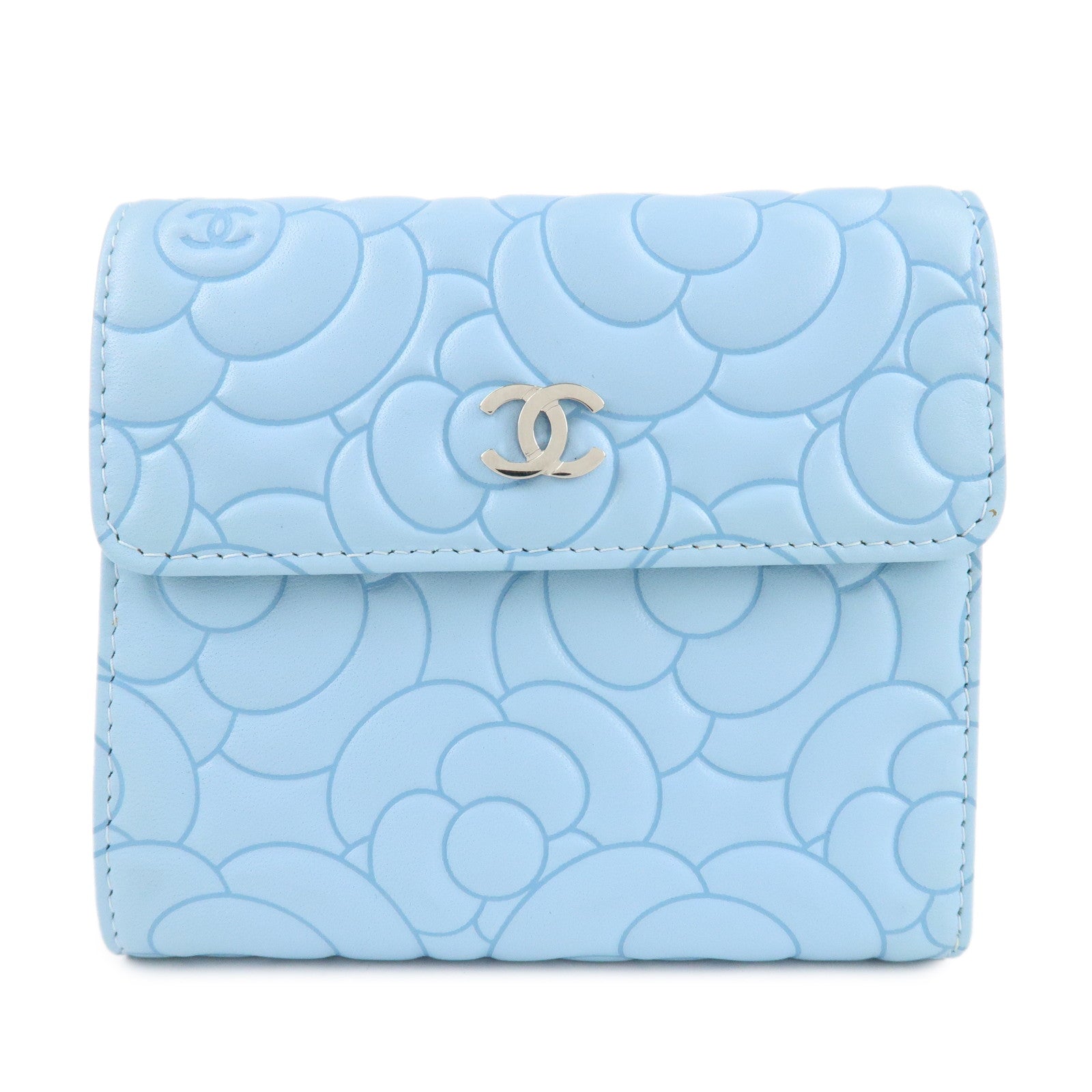 CHANEL-Camelia-Lamb-Skin-Bi-fold-Wallet-Blue