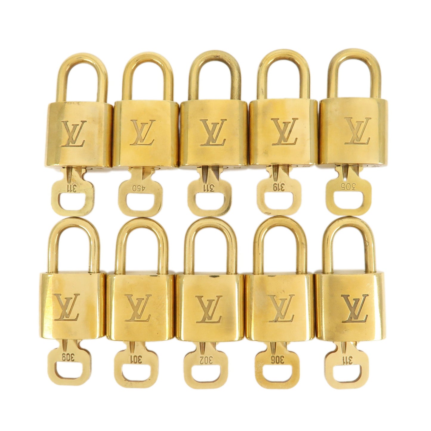 Louis-Vuitton-Set-of-10-Lock-&-Key-Cadena-Key-Lock-Gold