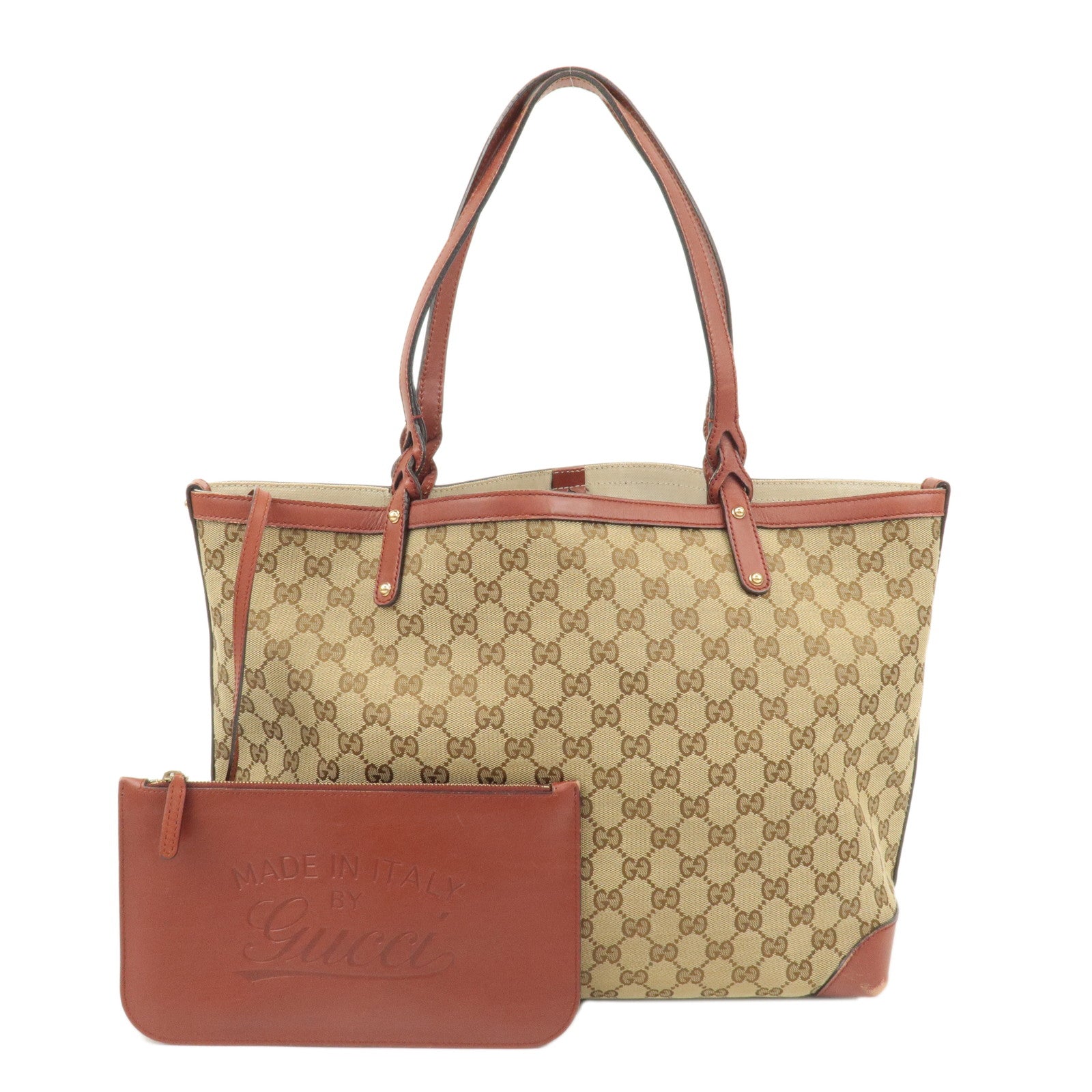 GUCCI GG Canvas Leather Tote Bag Beige Brown 247209