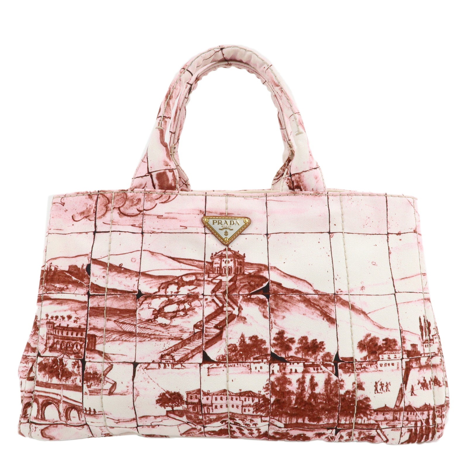 PRADA-Canapa-Tote-Bag-Hand-Bag-White-Wine-Red-Street-Pattern