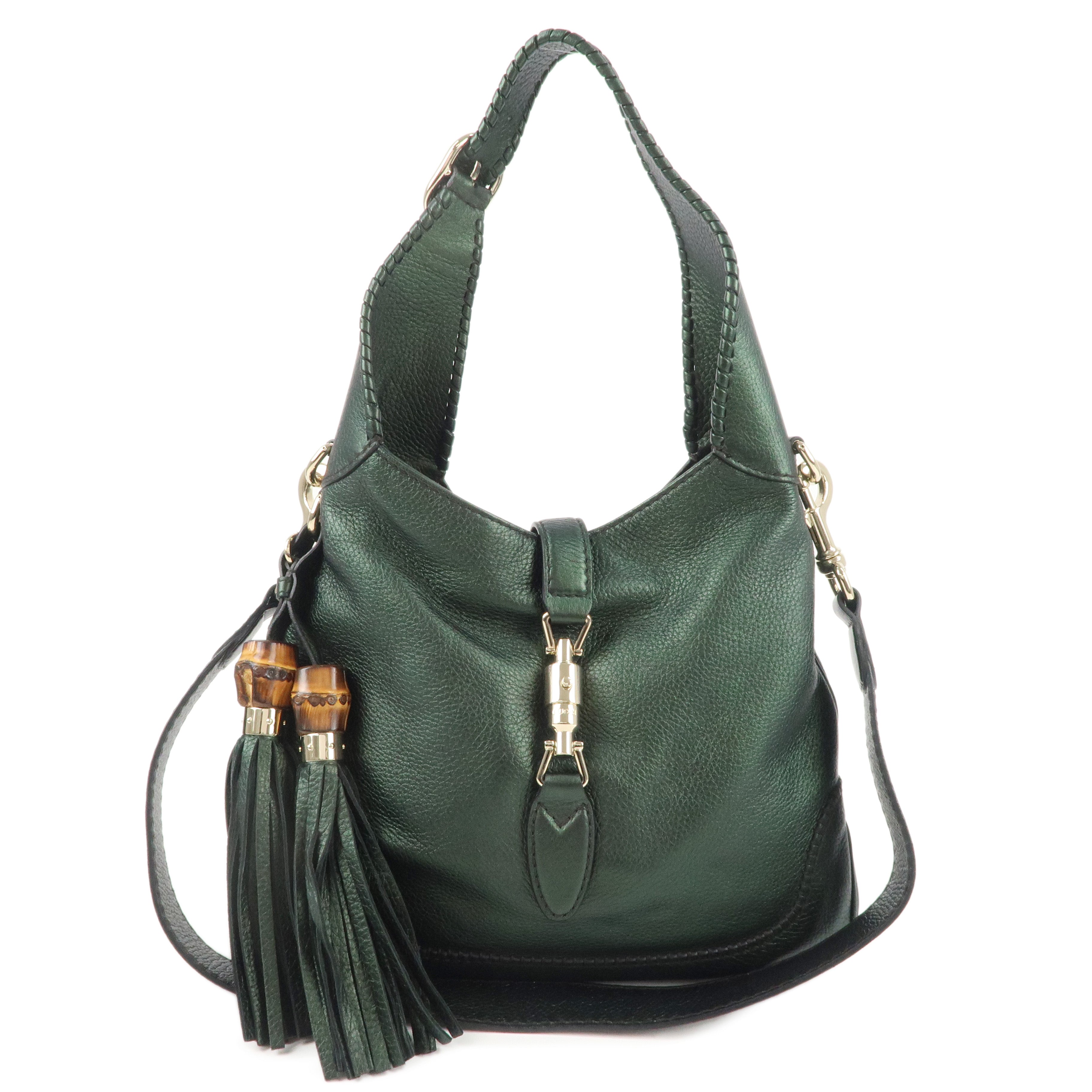 GUCCI New Jackie Bamboo Leather 2Way Shoulder Bag Green 219725Used F/S