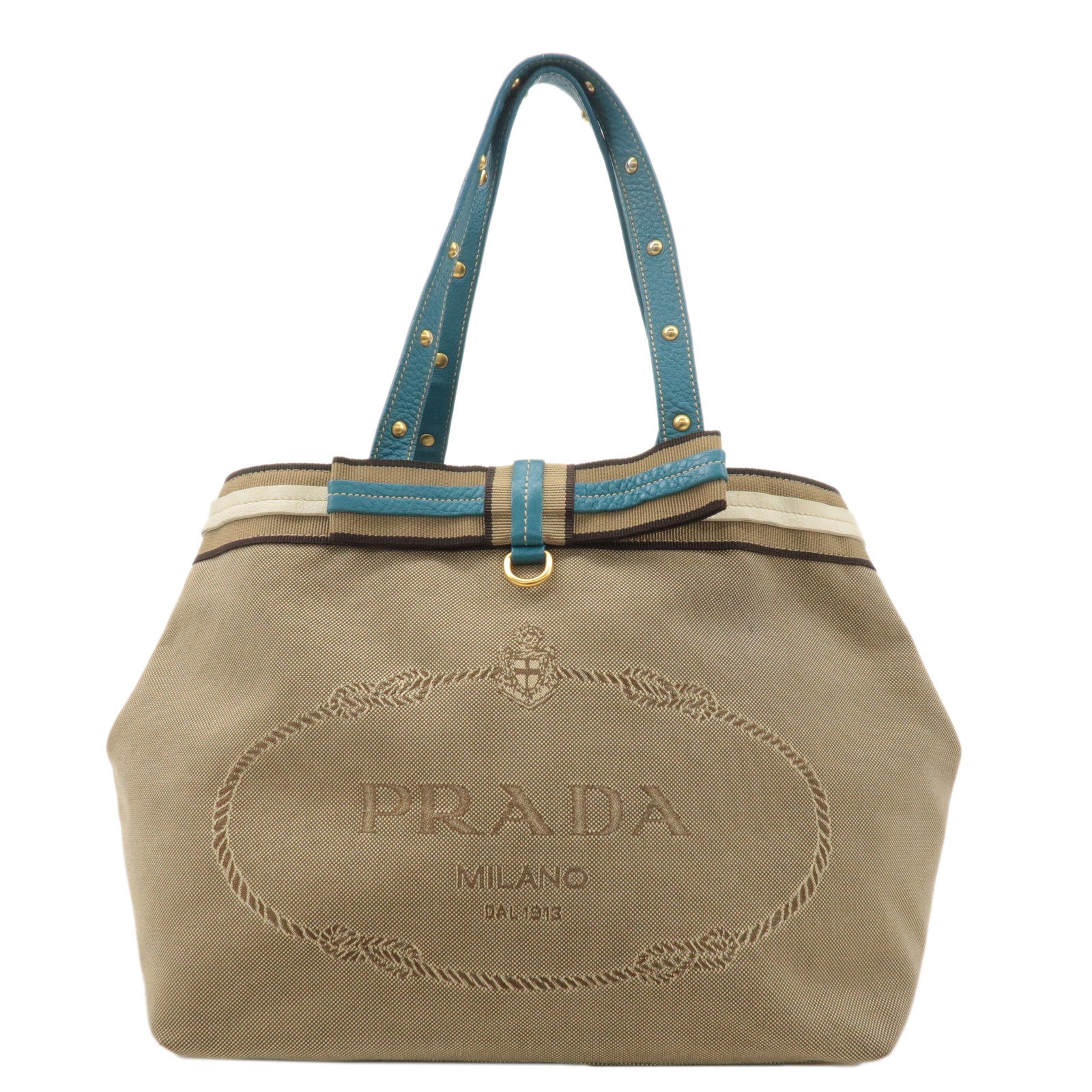 PRADA-Logo-Jacquard-Leather-Tote-Bag-Hand-Bag-Beige-Light-Blue