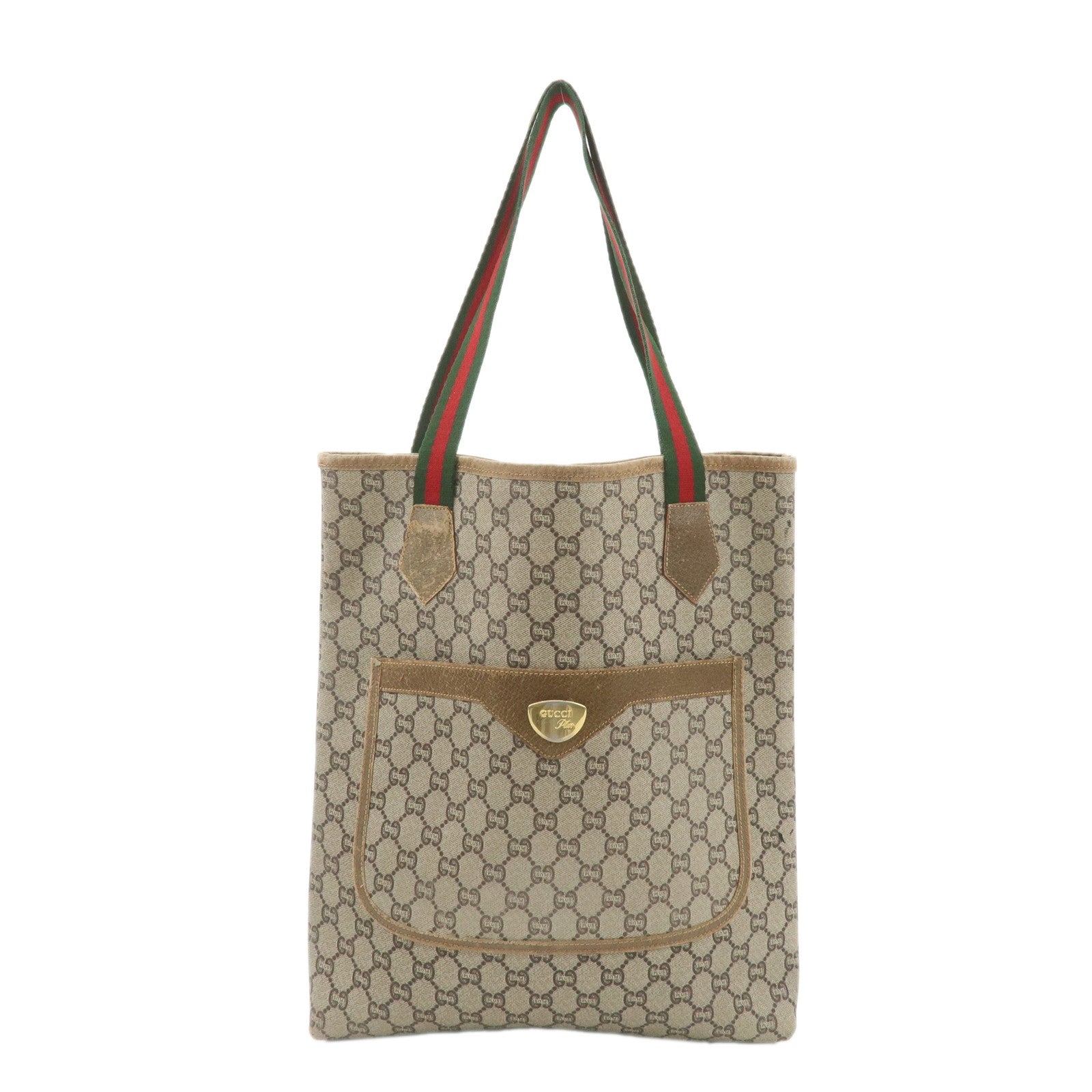 GUCCI-Old-Gucci-Sherry-GG-Plus-Leather-Tote-Bag-Beige-Brown