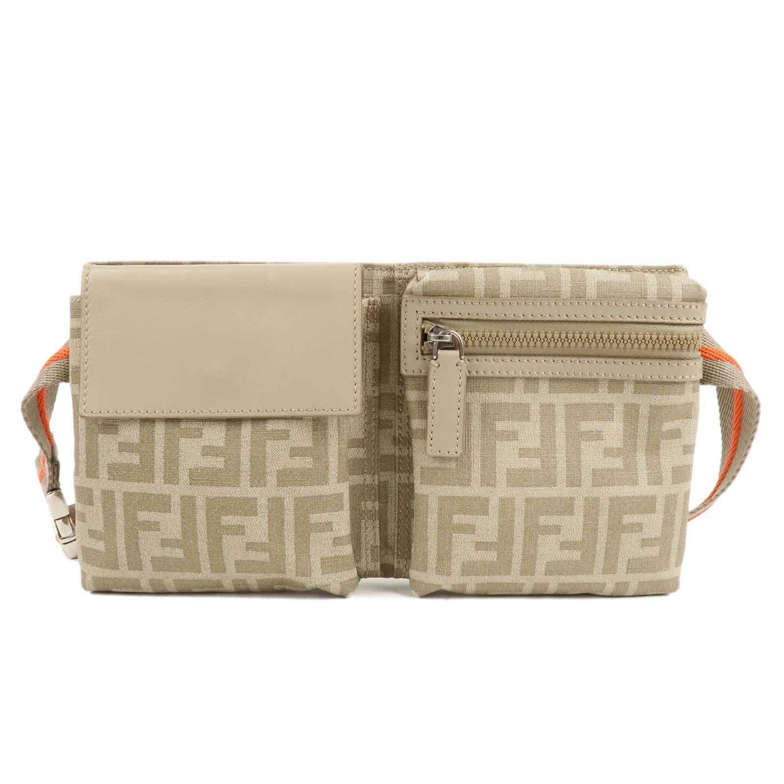 FENDI-Zucca-PVC-Nylon-Leather-Waist-Bag-Body-Bag-7VA280-Beige