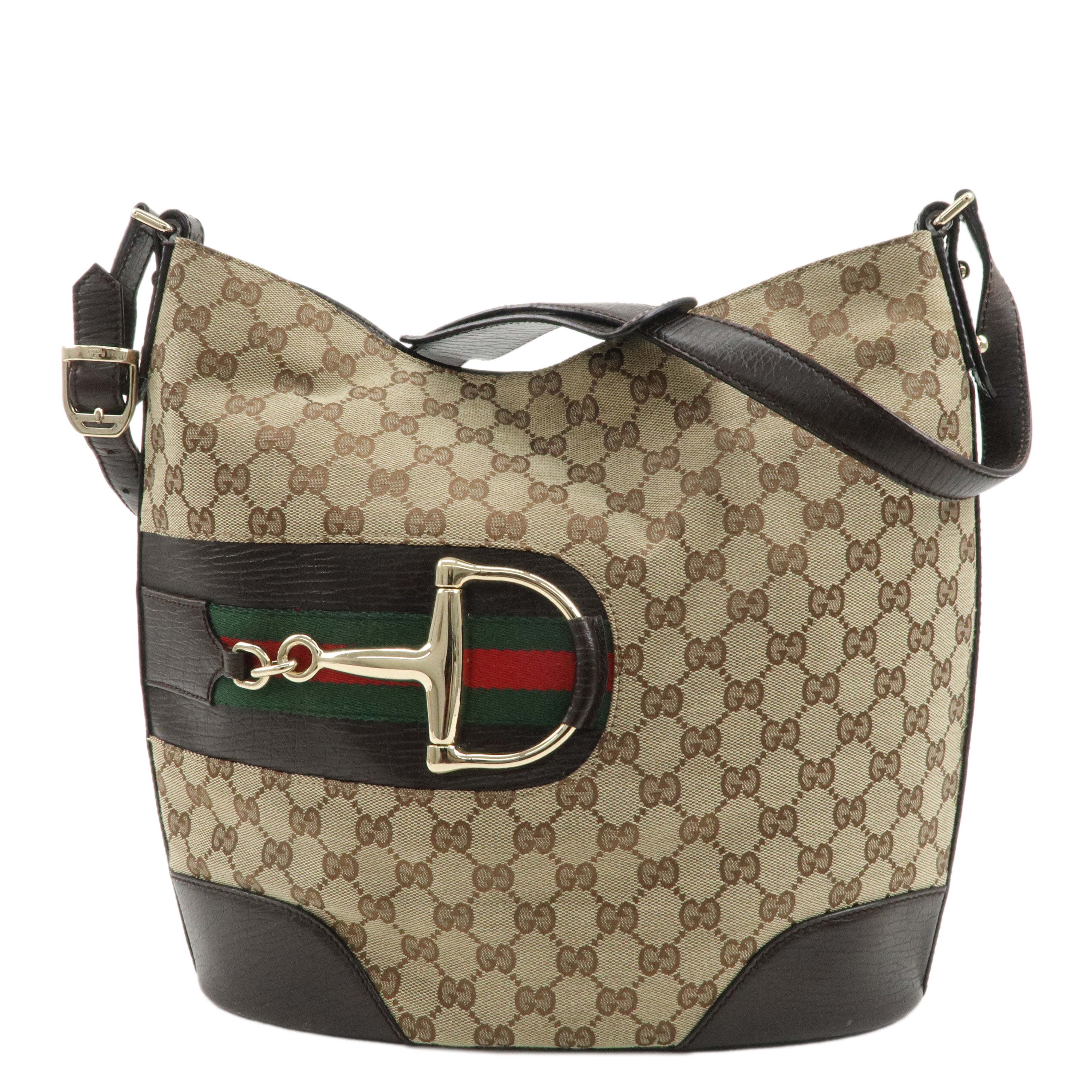 GUCCI-Sherry-Horsebit-Canvas-Leather-Shoulder-Bag-Brown-137382