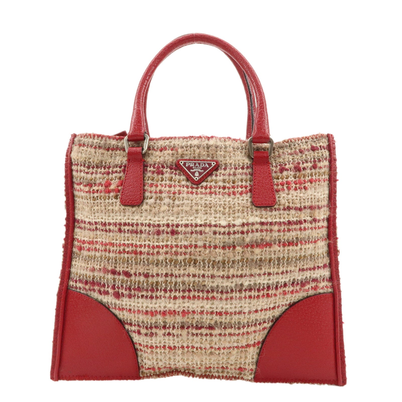 PRADA-Logo-Tweed-Leather-Hand-Bag-Beige-Red