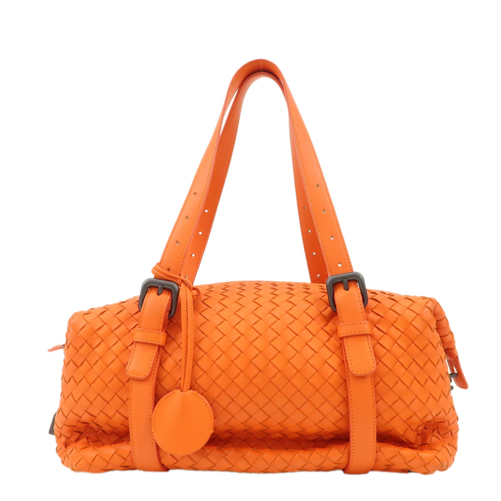 BOTTEGA-VENETA-Intrecciato-Leather-Boston-Bag-Hand-Bag-Orange