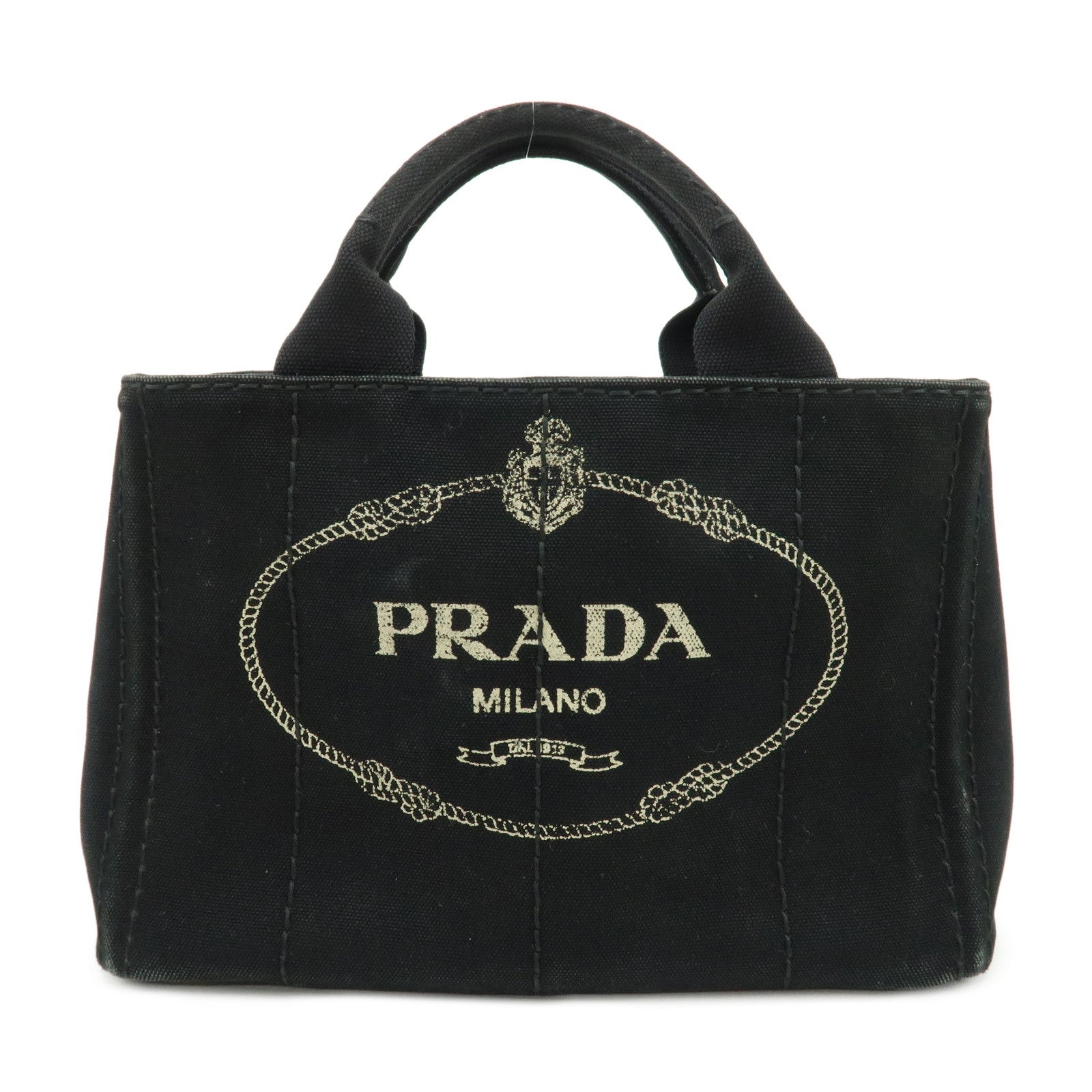 PRADA-Logo-Canvas-Canapa-Mini-Tote-Bag-Hand-Bag-Black-BN2439