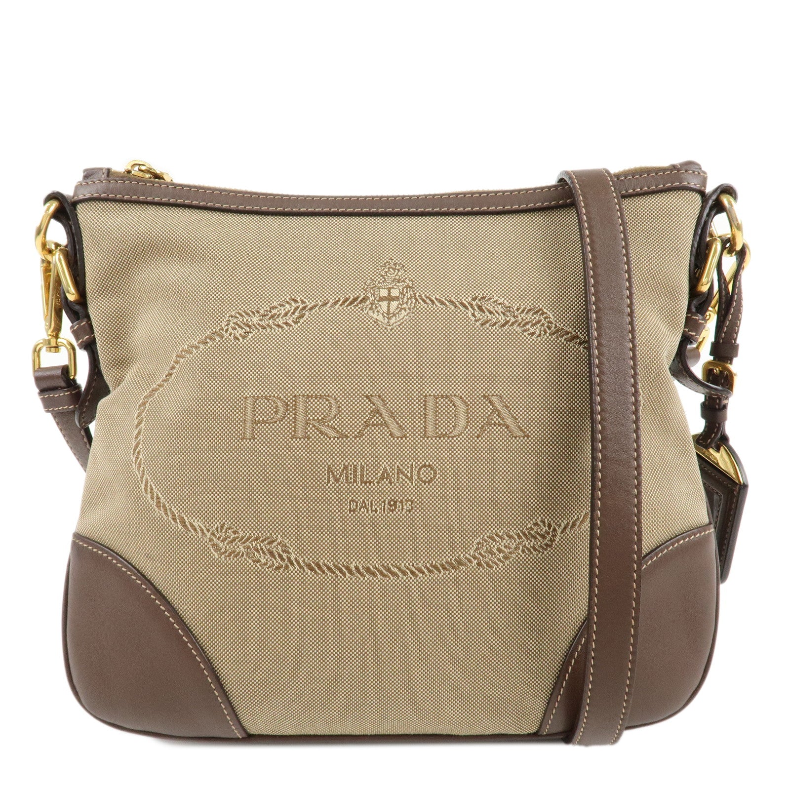 PRADA-Jacquard-Leather-Shoulder-Crossbody-Bag-Beige-Brown-BT867A