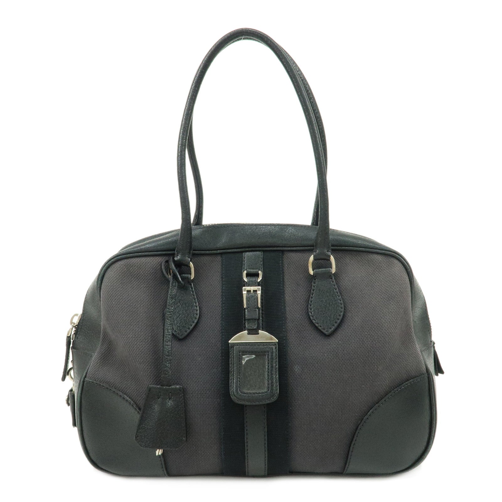 PRADA-Canvas-Leather-Bowling-Bag-Boston-Bag-Black-Nero-Silver-HDW