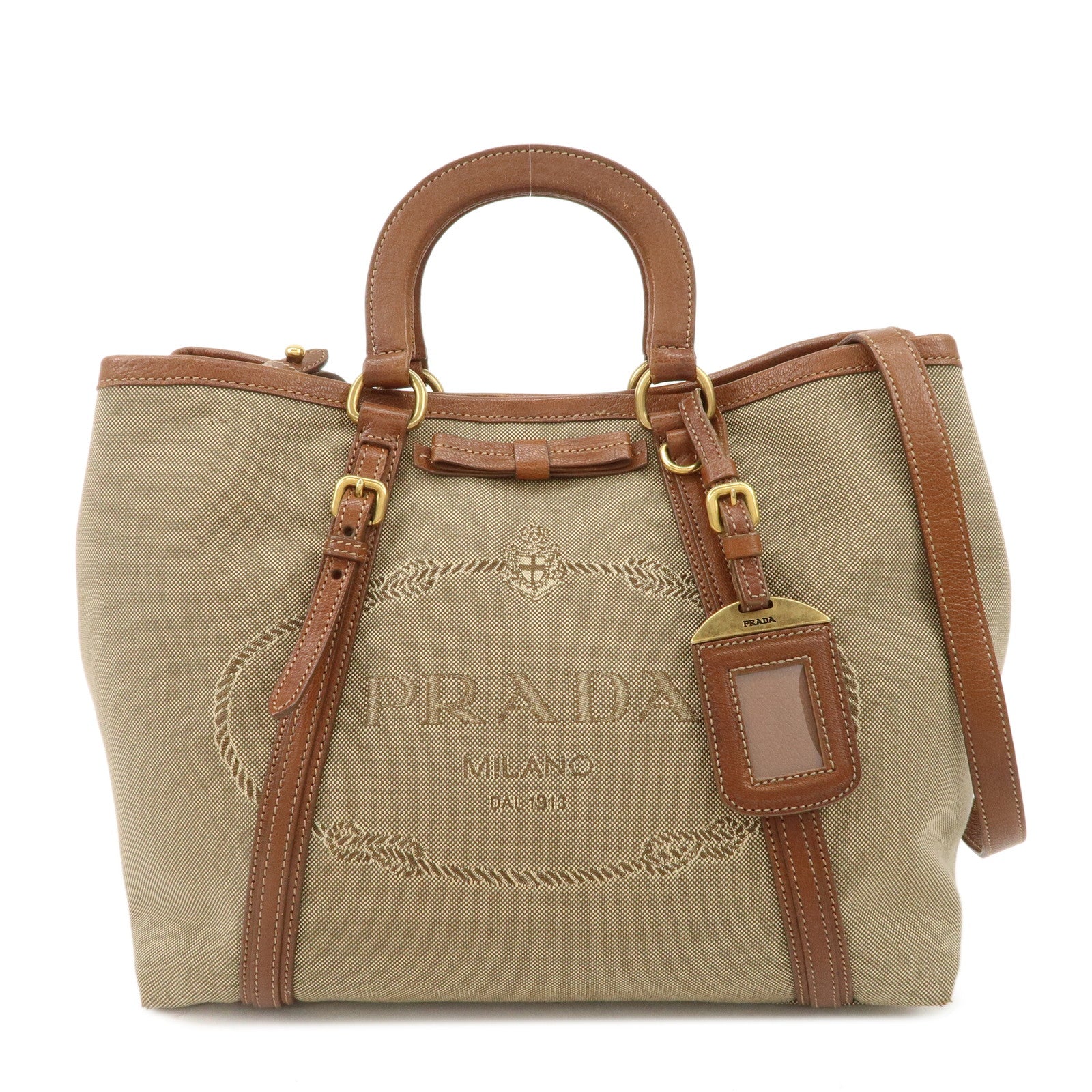 PRADA-Logo-Jaguard-Leather-2way-Hand-Bag-Shoulder-Bag-Beige-Brown