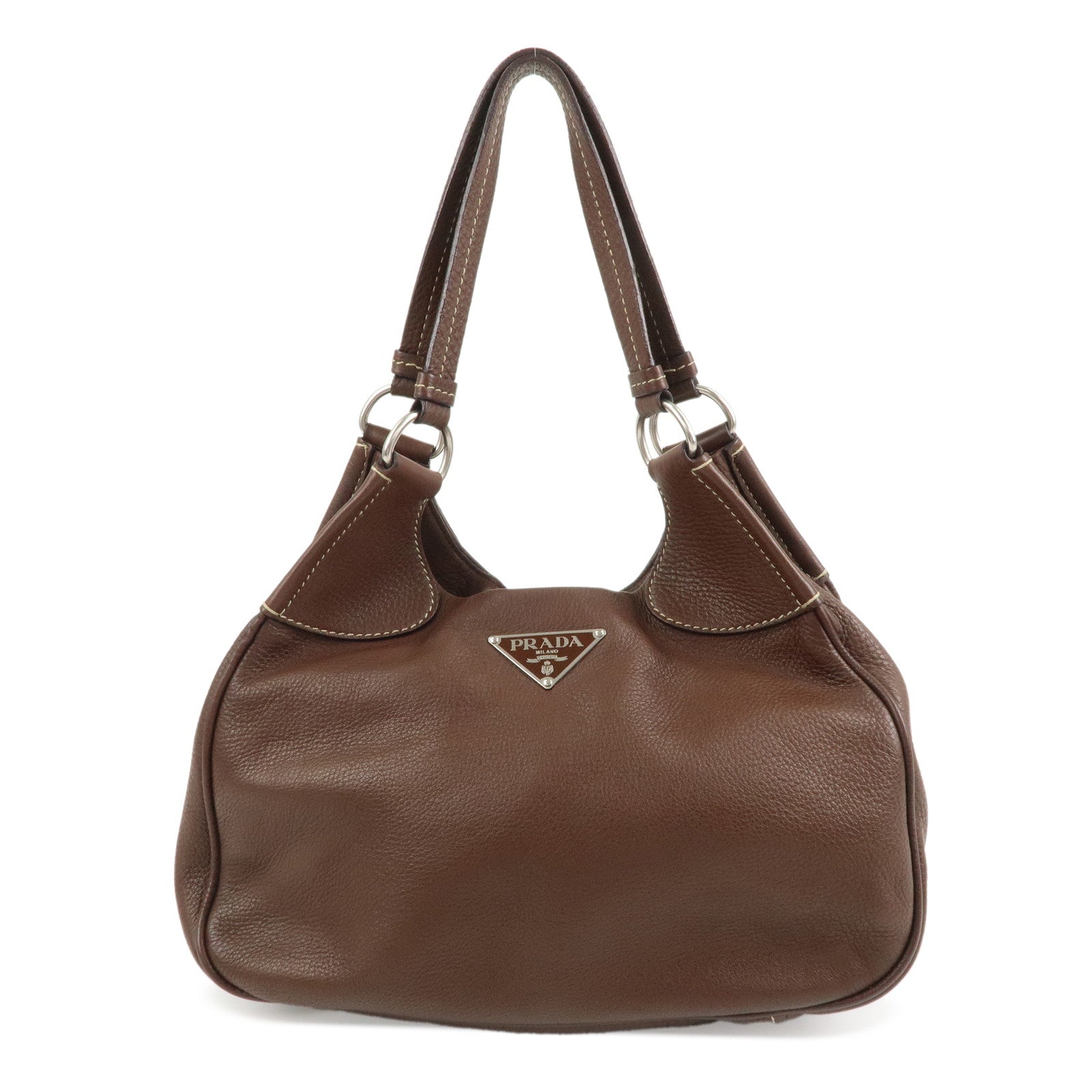 PRADA-Logo-Leather-Shoulder-Bag-Hand-Bag-Brown