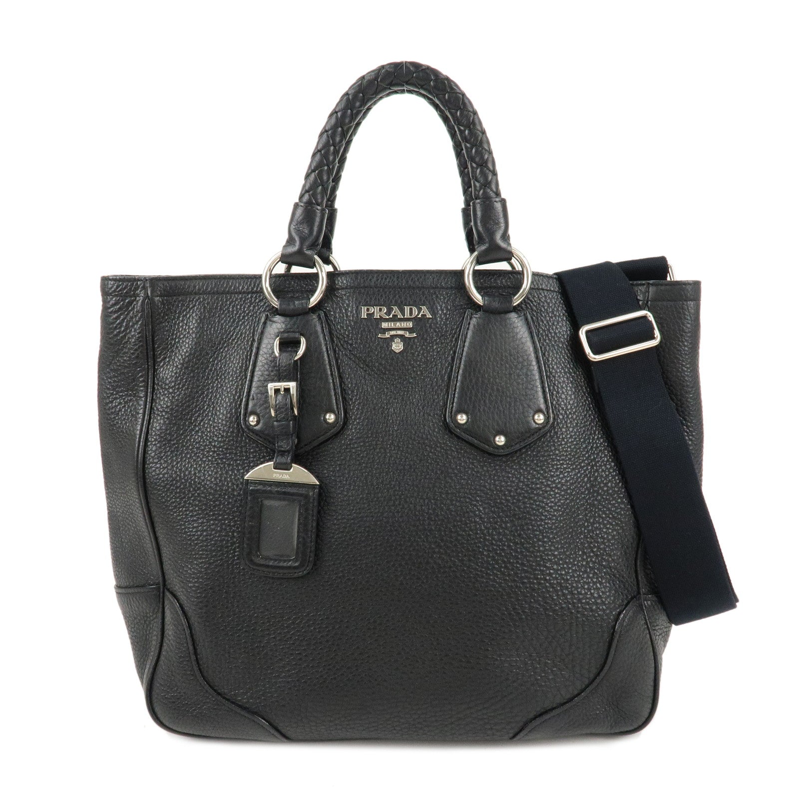 PRADA-Leather-2-Way-Bag-Tote-Bag-Black-Silver-Hardware