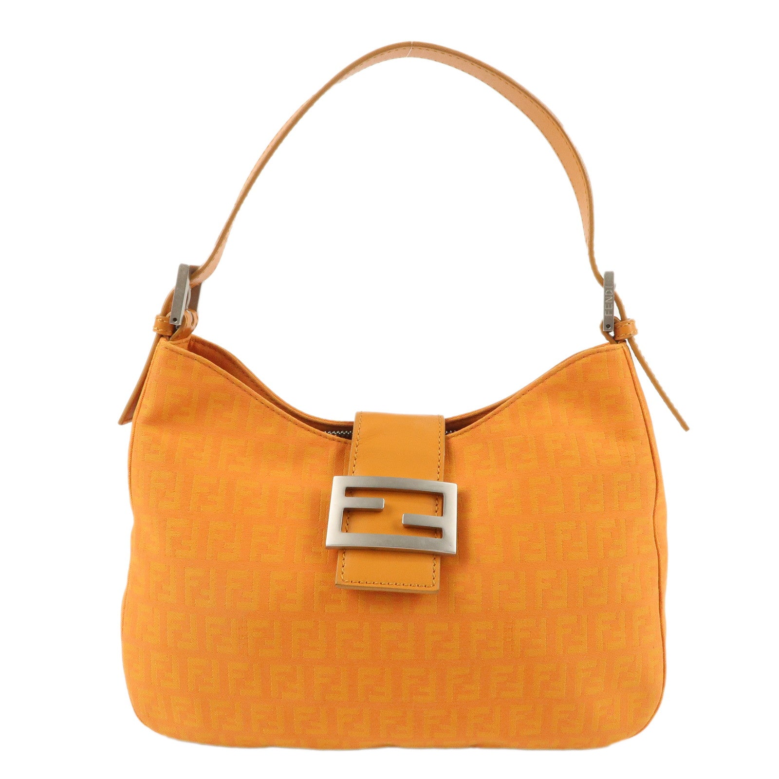 FENDI-Zucchino-Canvas-Leather-Shoulder-Bag-Orange-8BR036