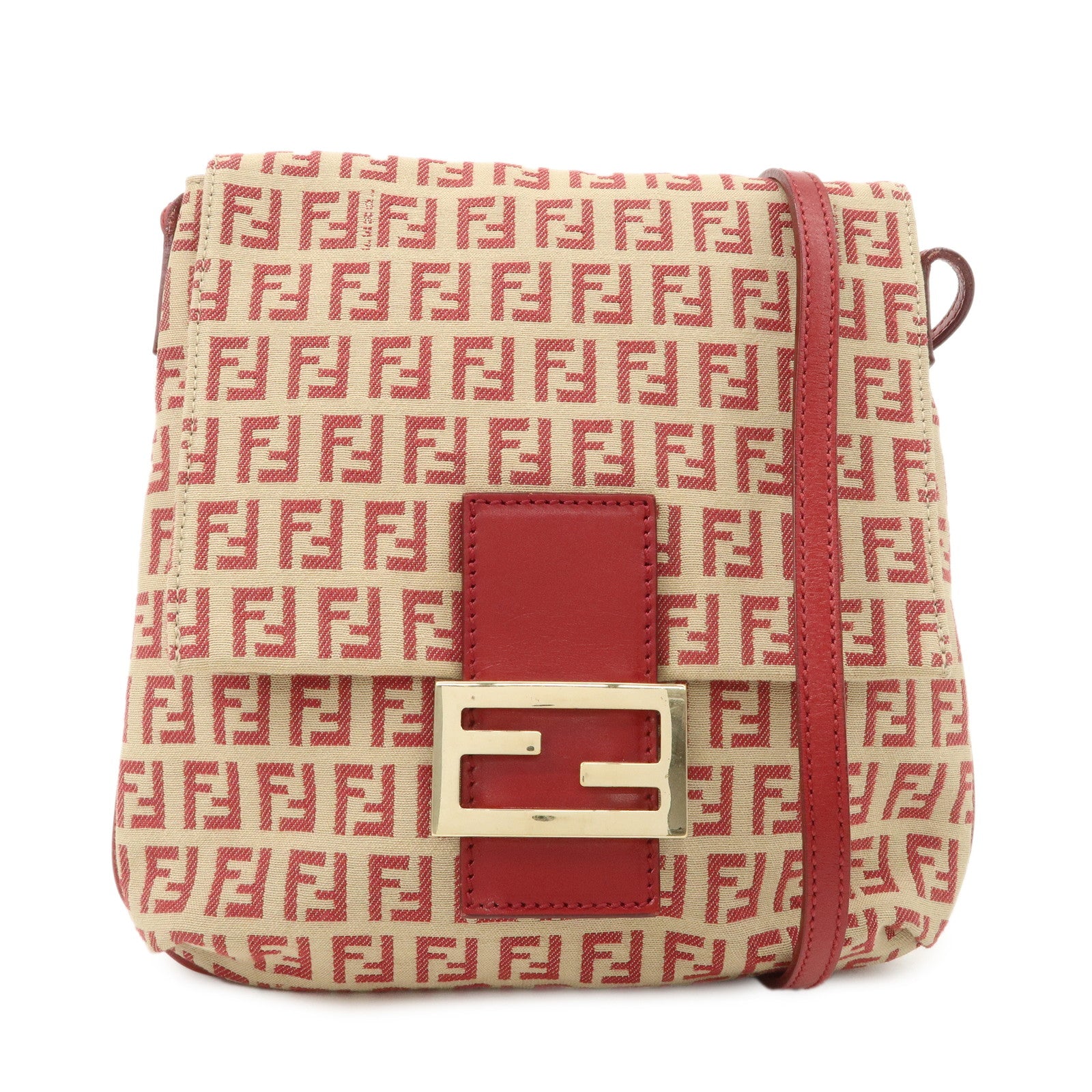 FENDI-Zucchino-Canvas-Leather-Shoulder-Bag-Beige-Red-8BT075