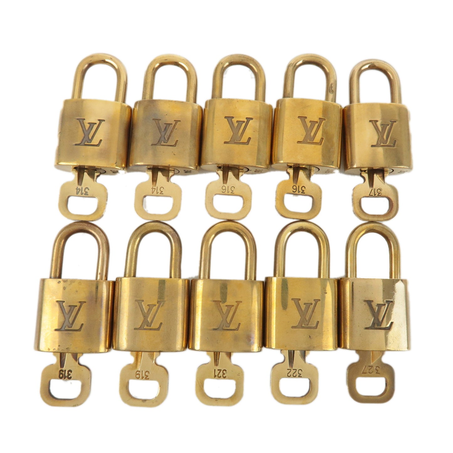 Louis-Vuitton-Set-of-10-Lock-&-Key-Cadena-Key-Lock-Gold