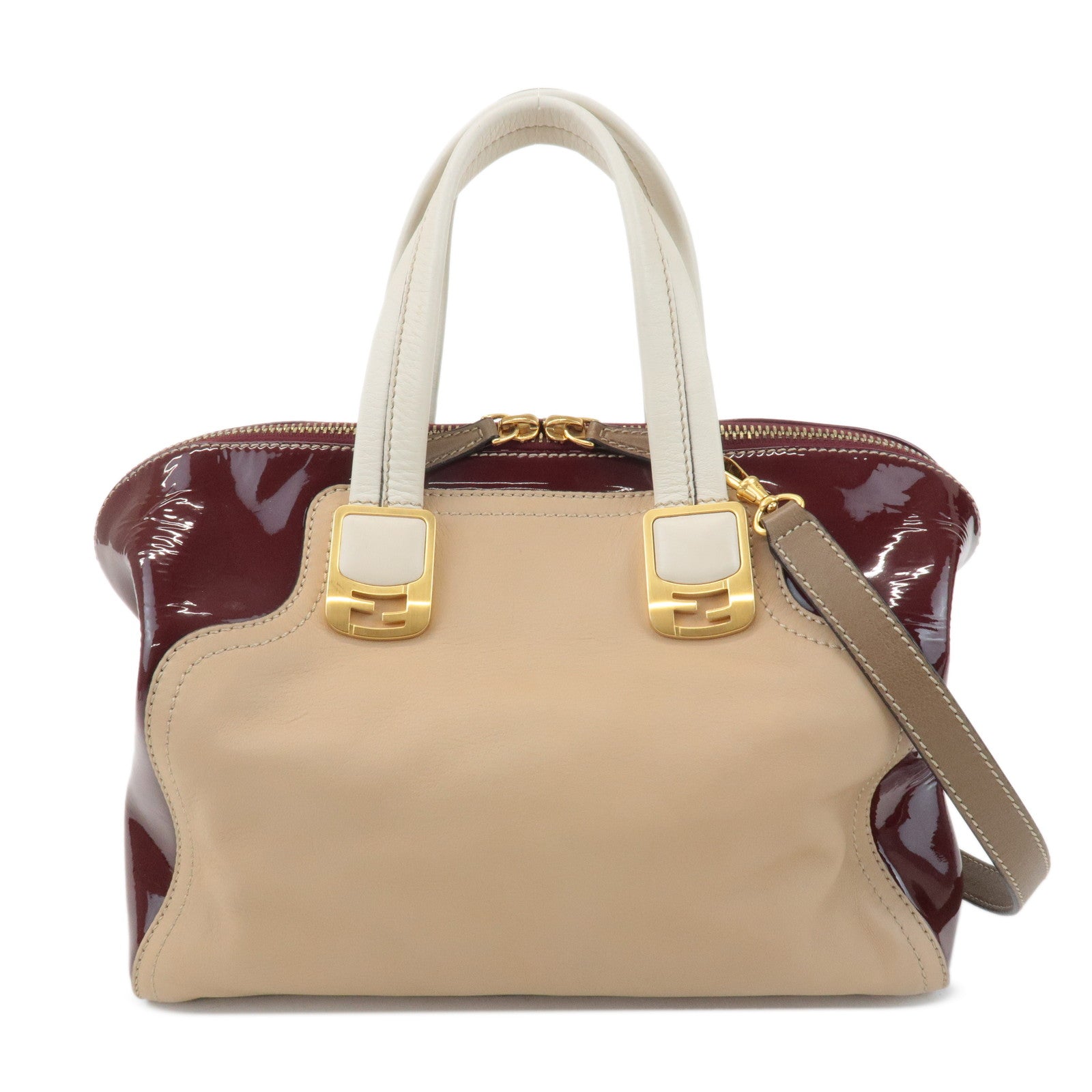 FENDI-Chameleon-Leather-2WAY-Bag-Hand-Bag-Beige-Bordeaux-8BL114