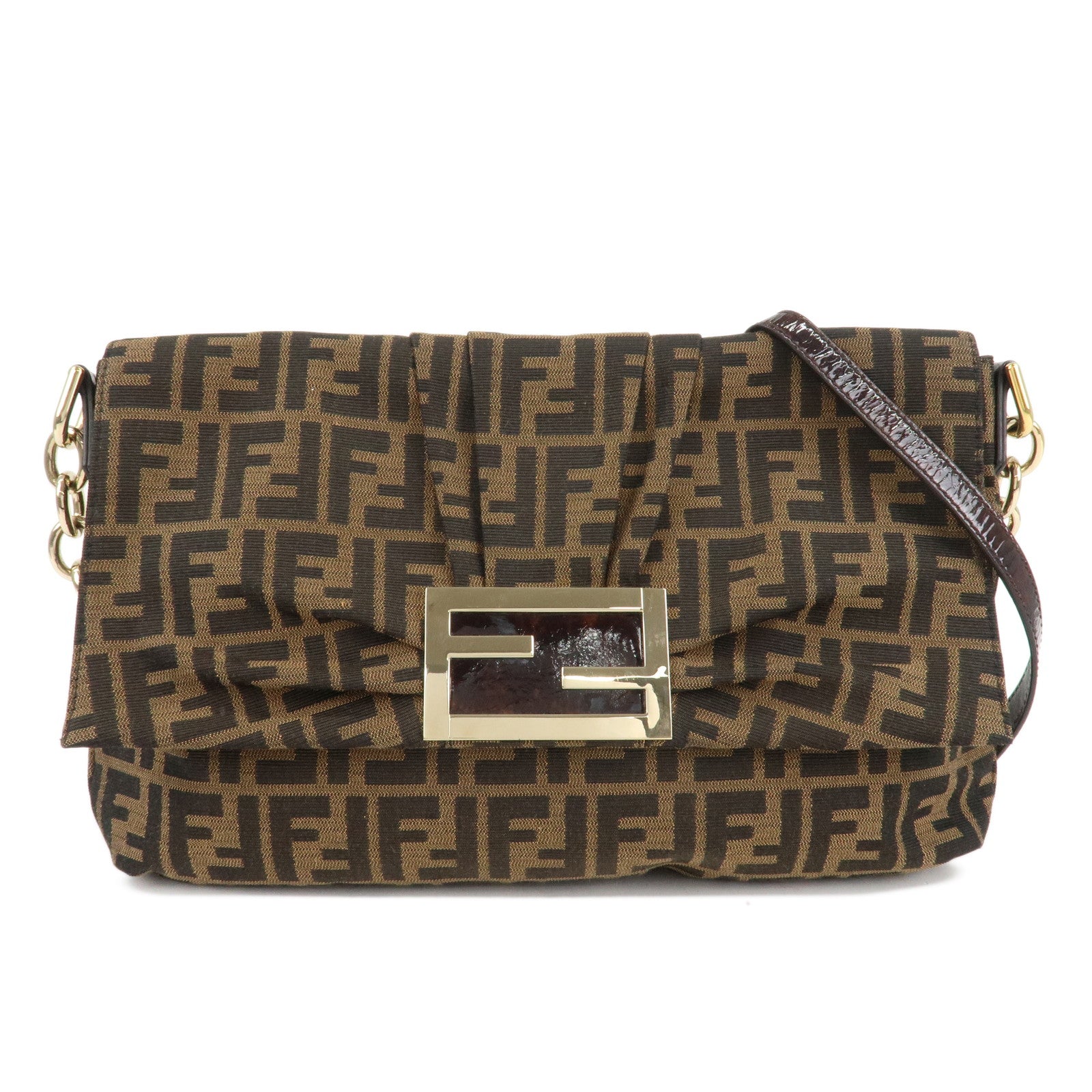 FENDI-Zucca-Canvas-Patent-Shoulder-Bag-Brown-Black-8BT163