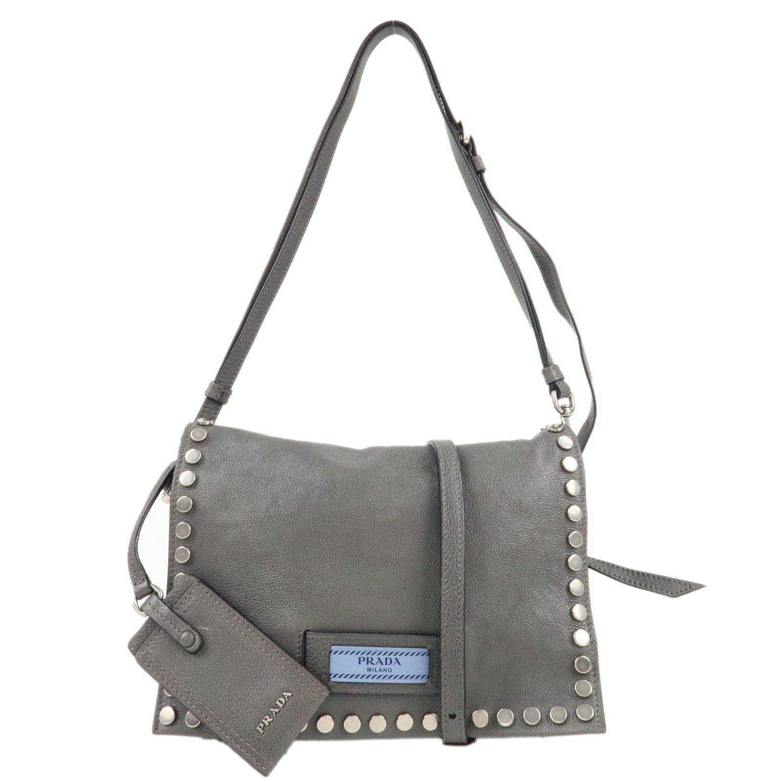 PRADA-Etiquette-Leather-Shoulder-Bag-Gray-Silver-Hardware-1BD082