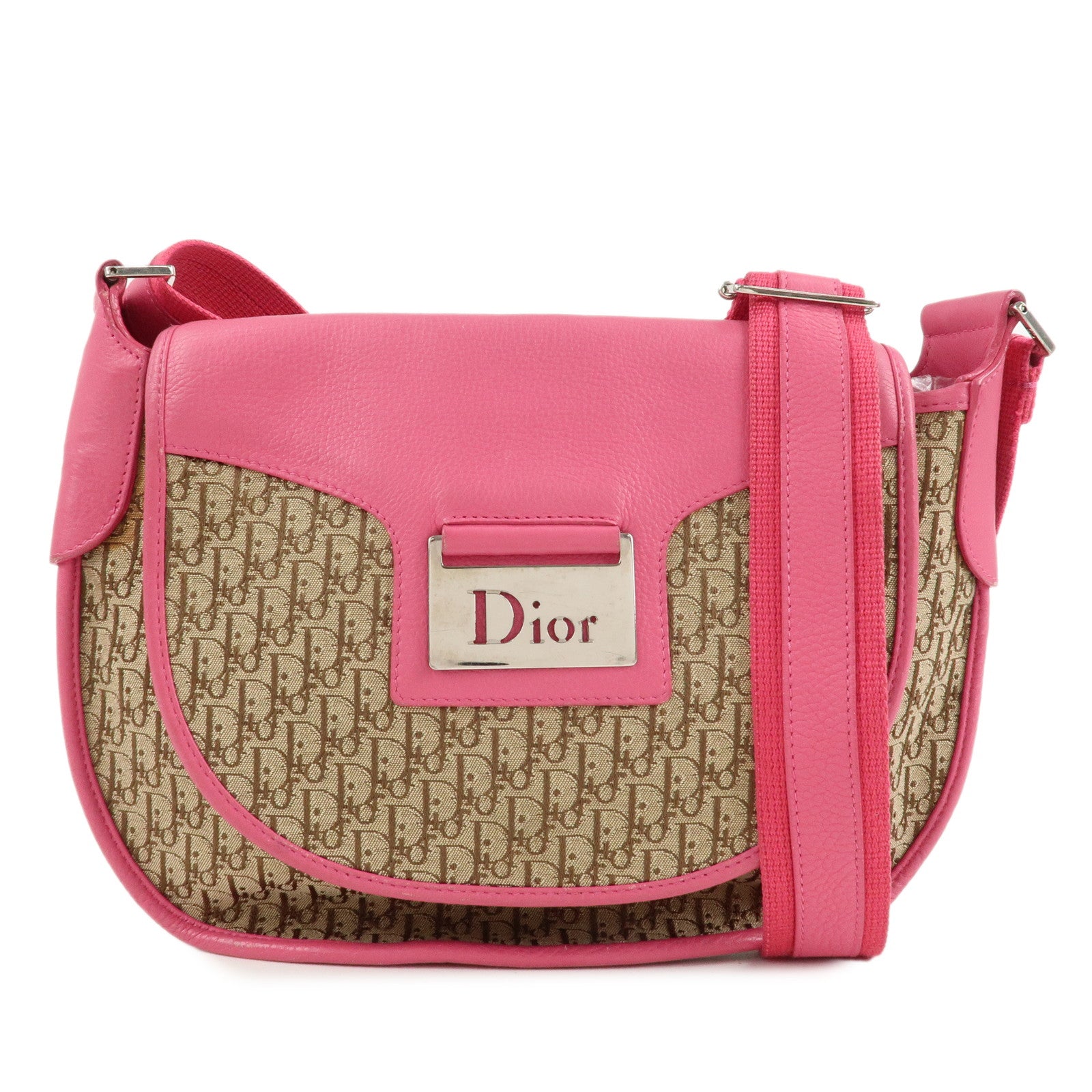 Christian-Dior-Trotter-Canvas-Leather-Shoulder-Bag-Beige-Pink