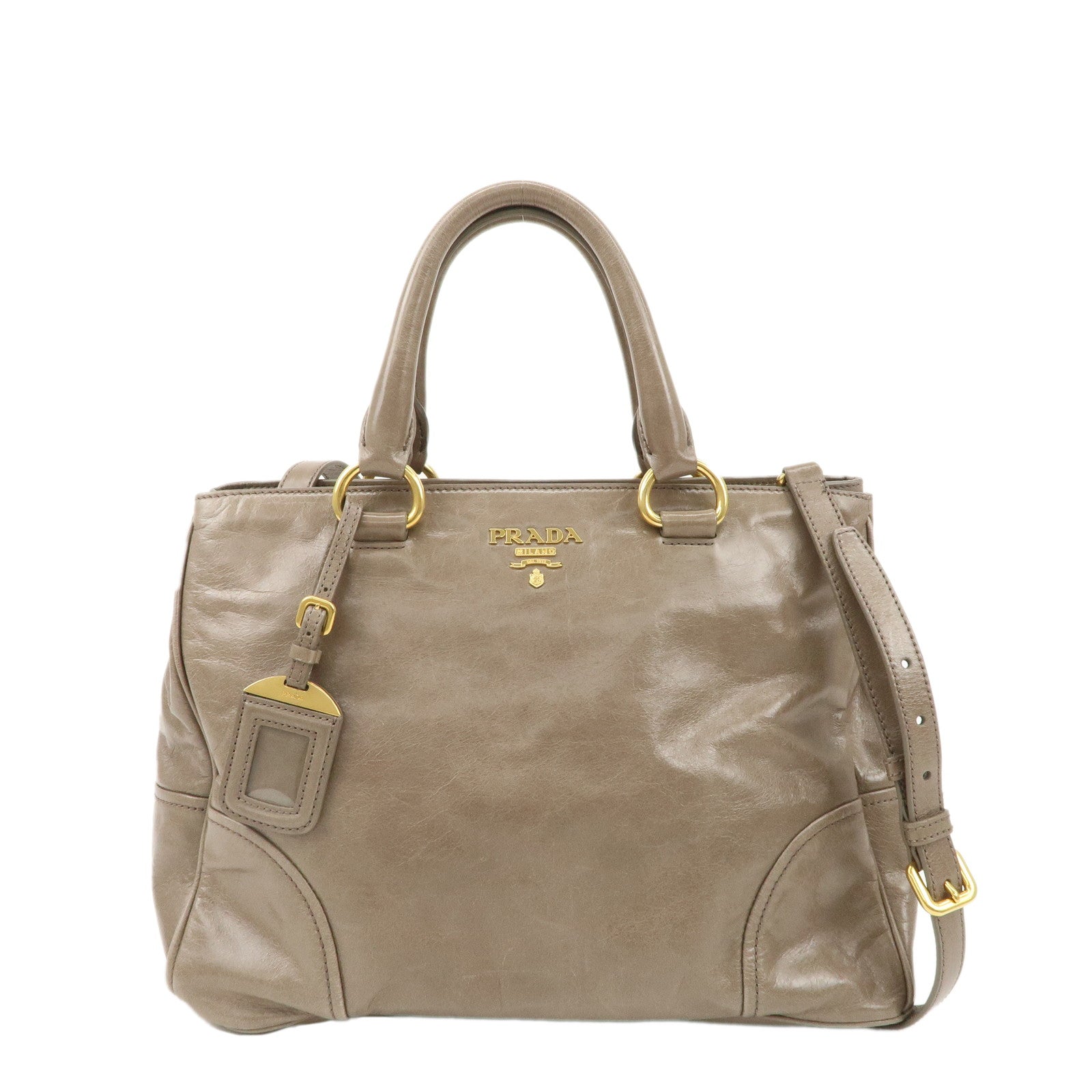 PRADA-Leather-2Way-Bag-Hand-Bag-Shoulder-Bag-Greige-BN2533