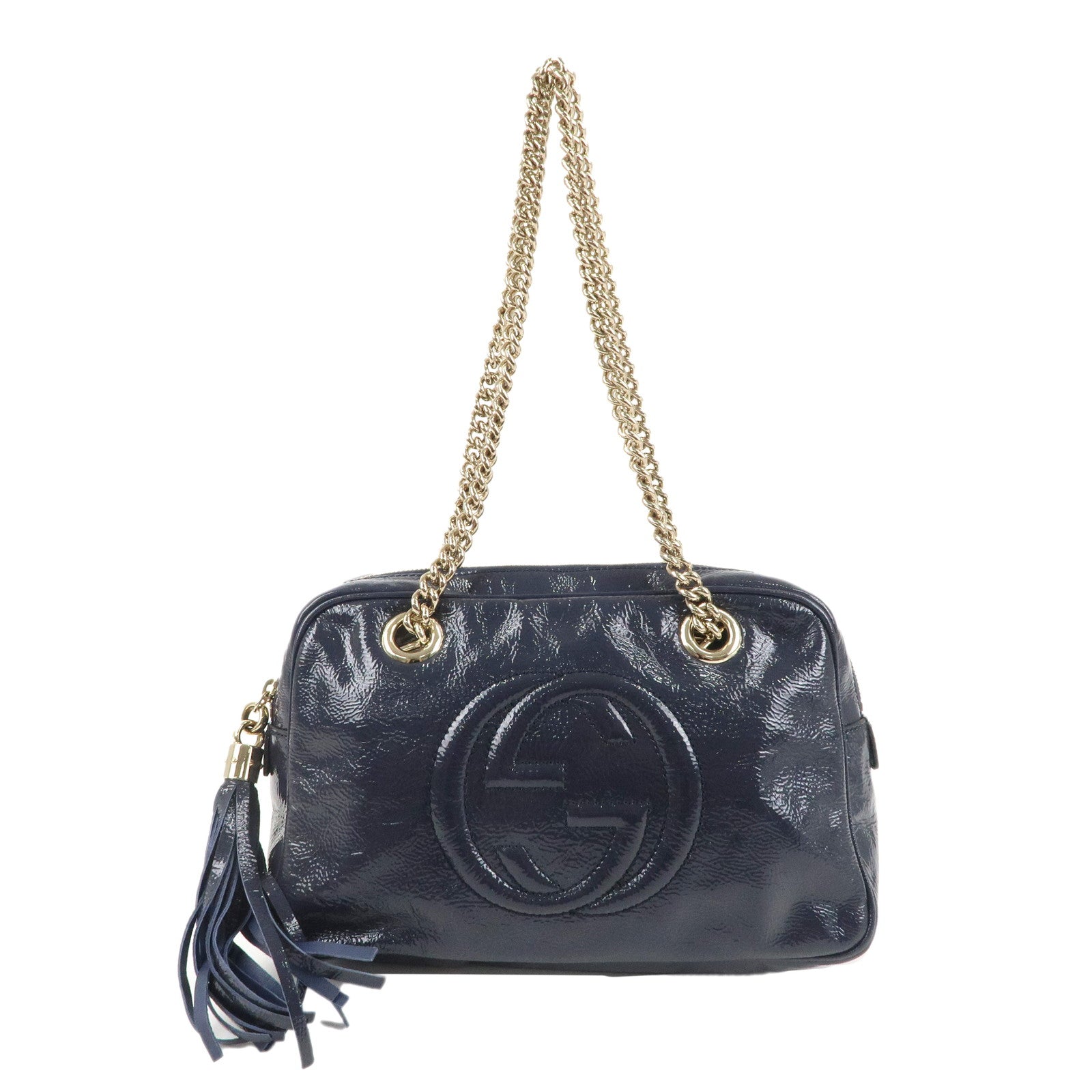 GUCCI-SOHO-Leather-Chain-Patent-Shoulder-Bag-Navy-308983Used-F/S