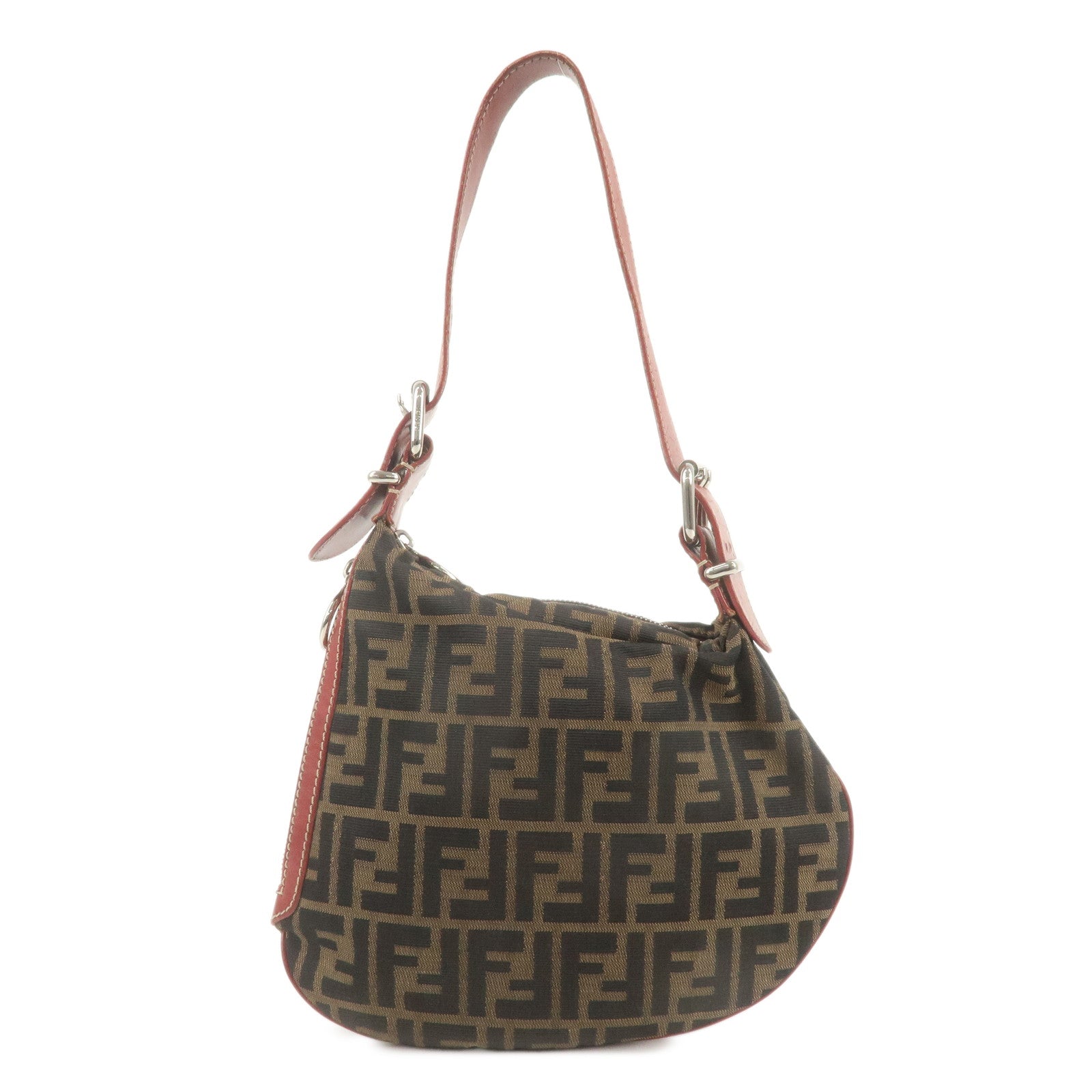 FENDI Zucca Canvas Leather One Shoulder Bag Brown Black Red 8BR128