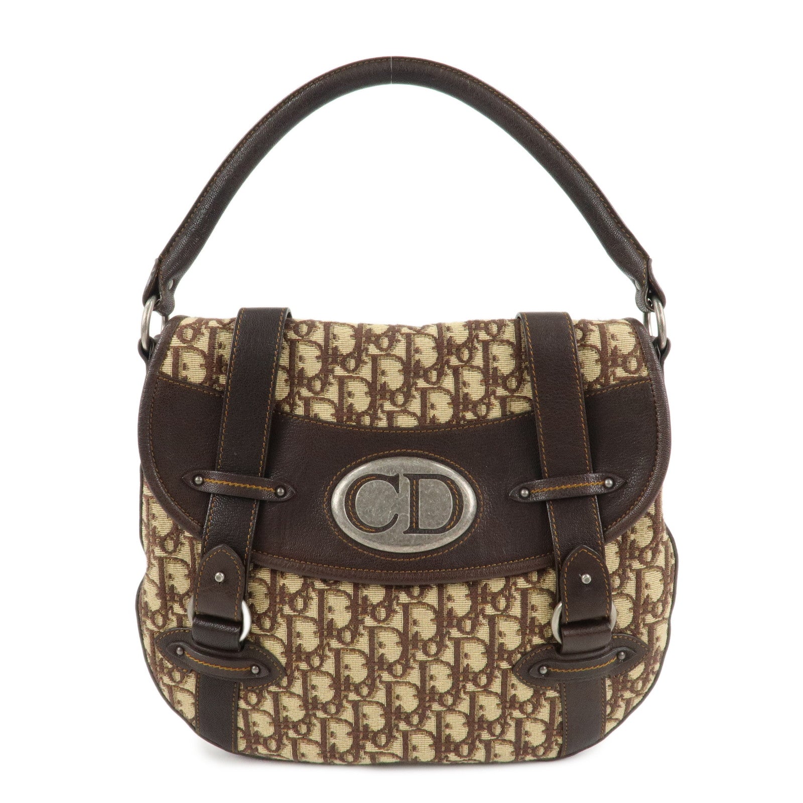 Christian-Dior-Trotter-Canvas-Leather-Shoulder-Bag-Brown