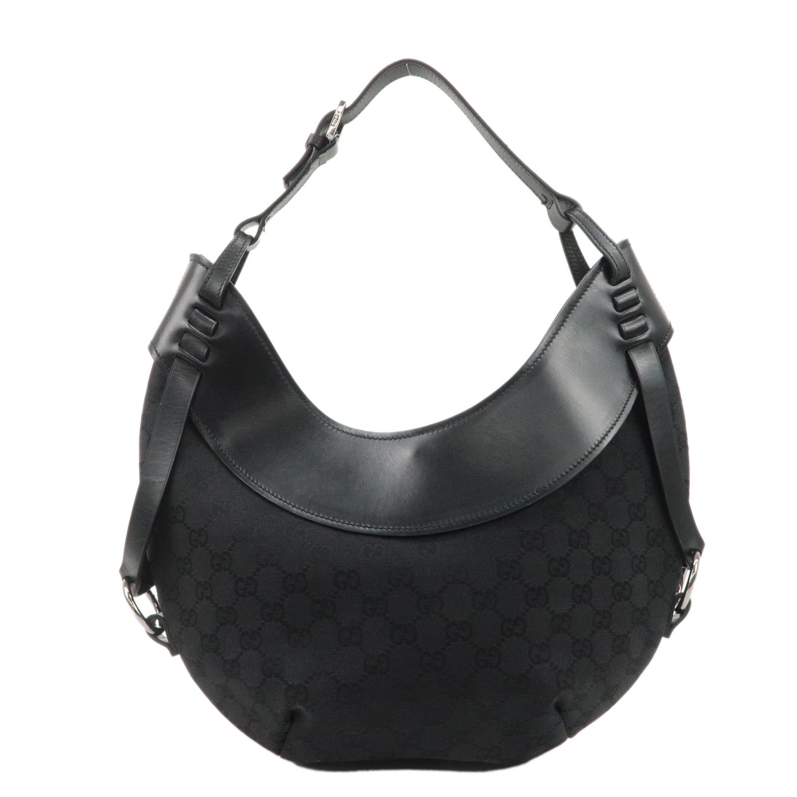 GUCCI-GG-Canvas-Leather-Semi-Shoulder-Bag-Black-106250