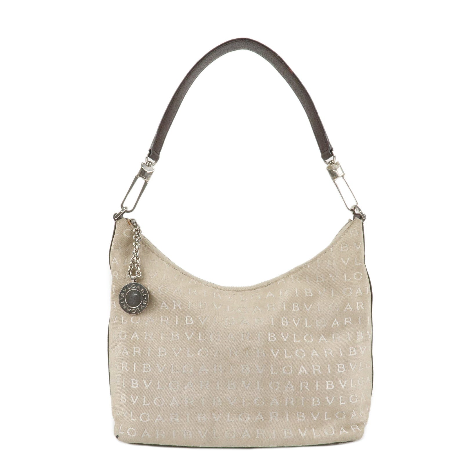 BVLGARI-Logomania-Canvas-Leather-Shoulder-Bag-Beige-Dark-Brown