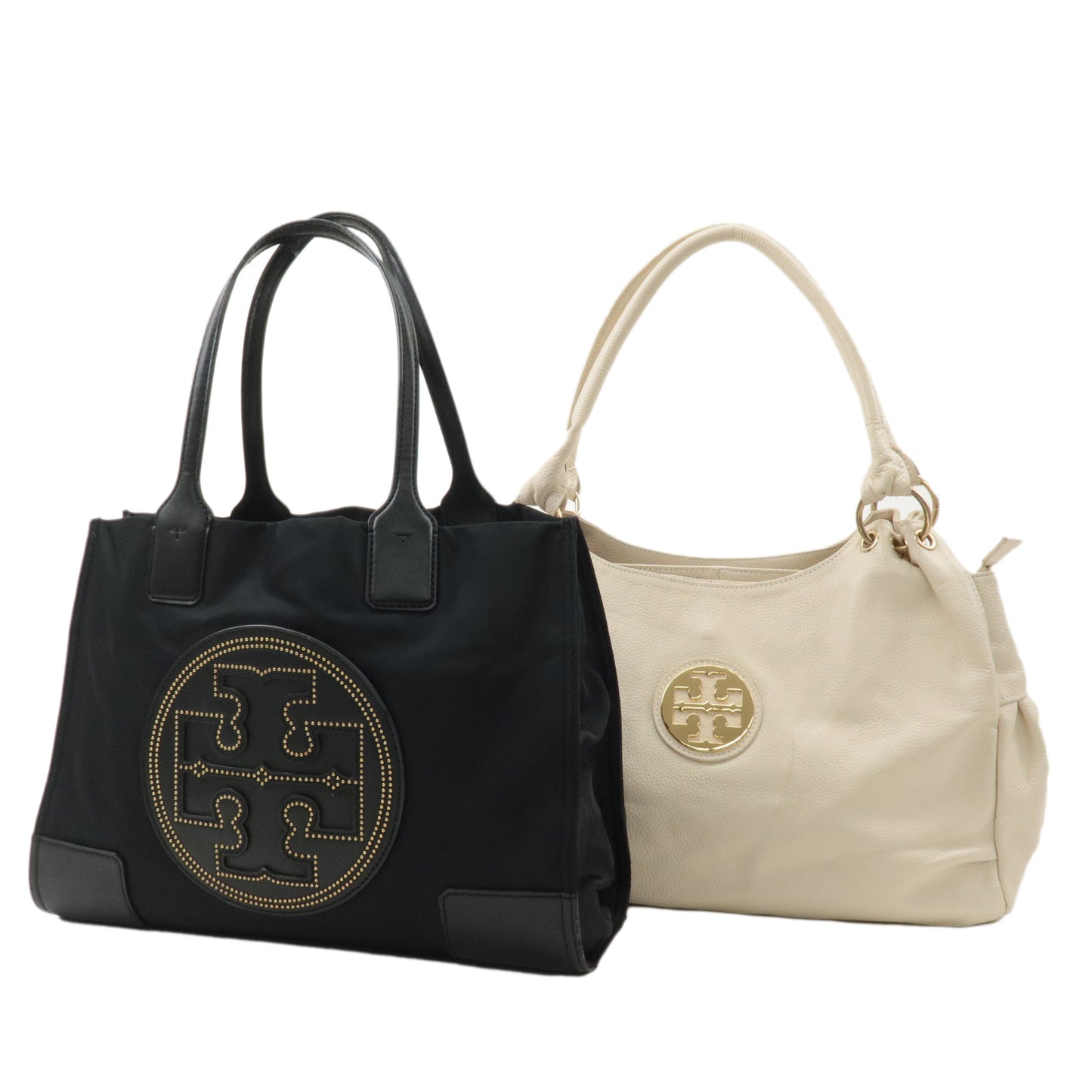 Tory Burch Set of 2 Nylon Leather Tote Bag Hand Bag Black White